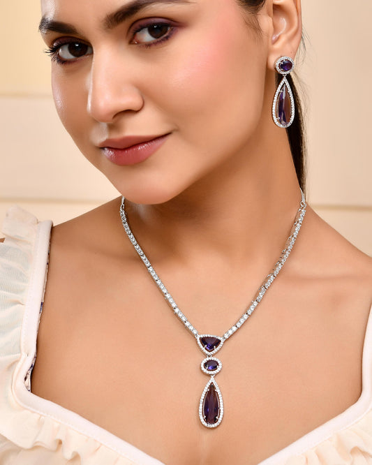 VOJ Silver Plated Purple AD & Cubic Zirconia Studded Necklace Set VOJ (Valley Of Jewellery)