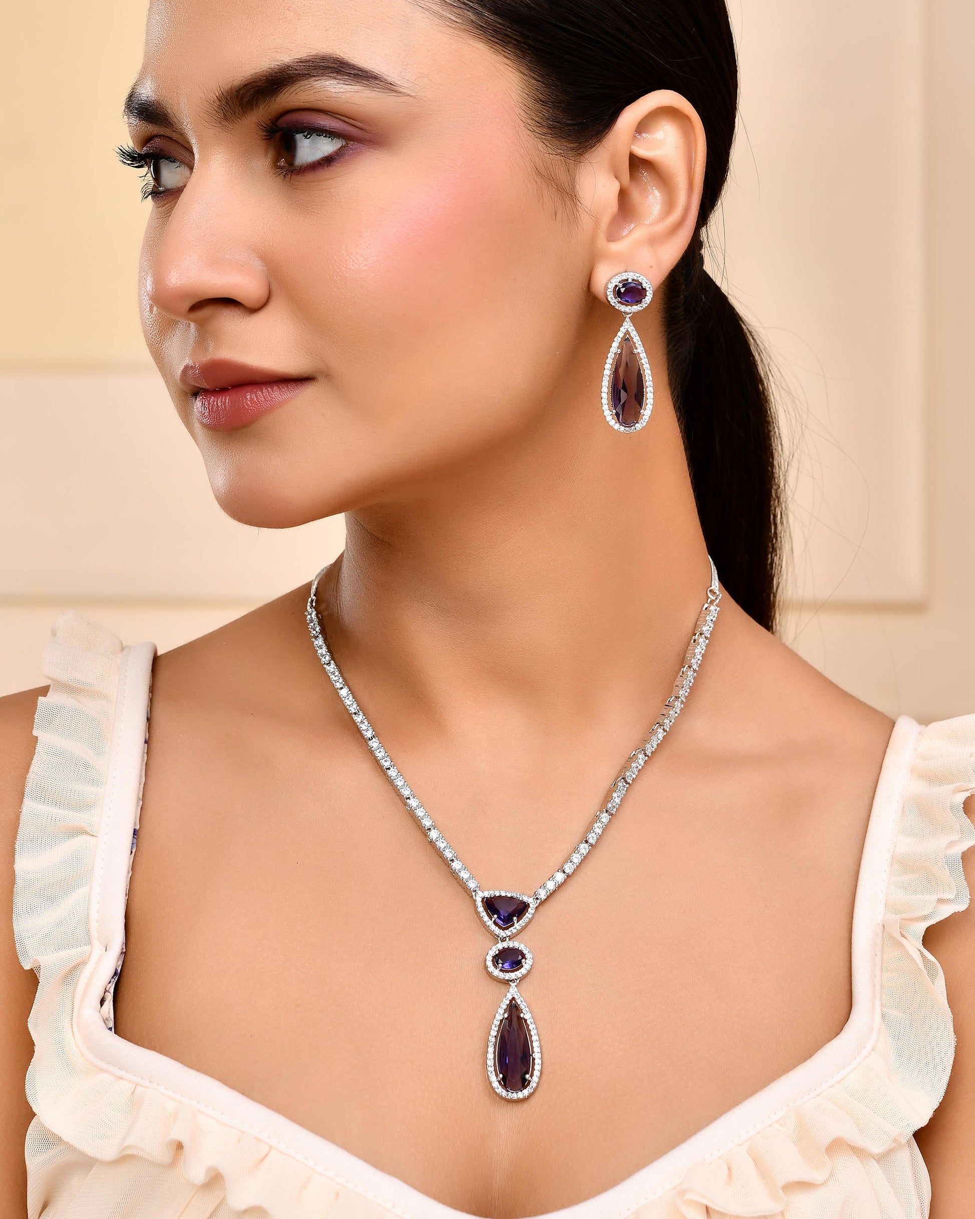 VOJ Silver Plated Purple AD & Cubic Zirconia Studded Necklace Set VOJ (Valley Of Jewellery)