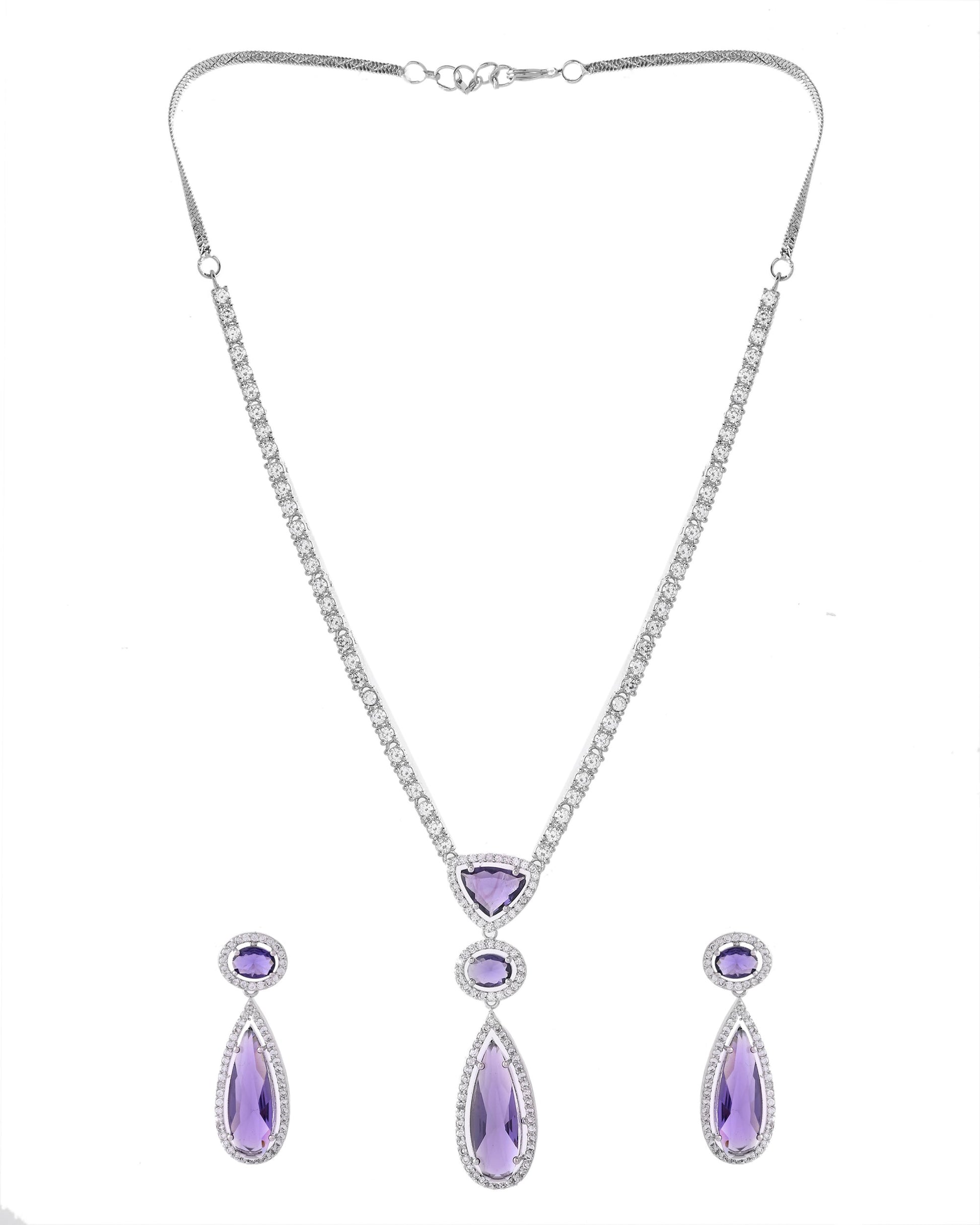 VOJ Silver Plated Purple AD & Cubic Zirconia Studded Necklace Set VOJ (Valley Of Jewellery)