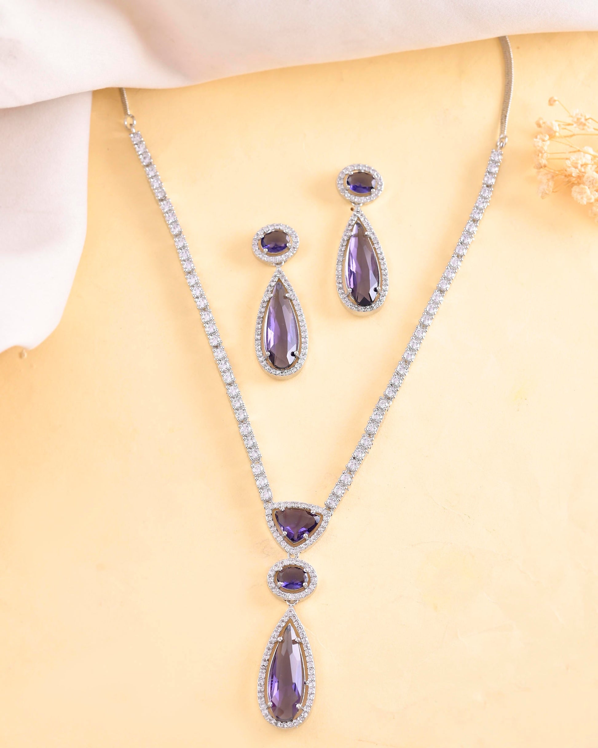 VOJ Silver Plated Purple AD & Cubic Zirconia Studded Necklace Set VOJ (Valley Of Jewellery)