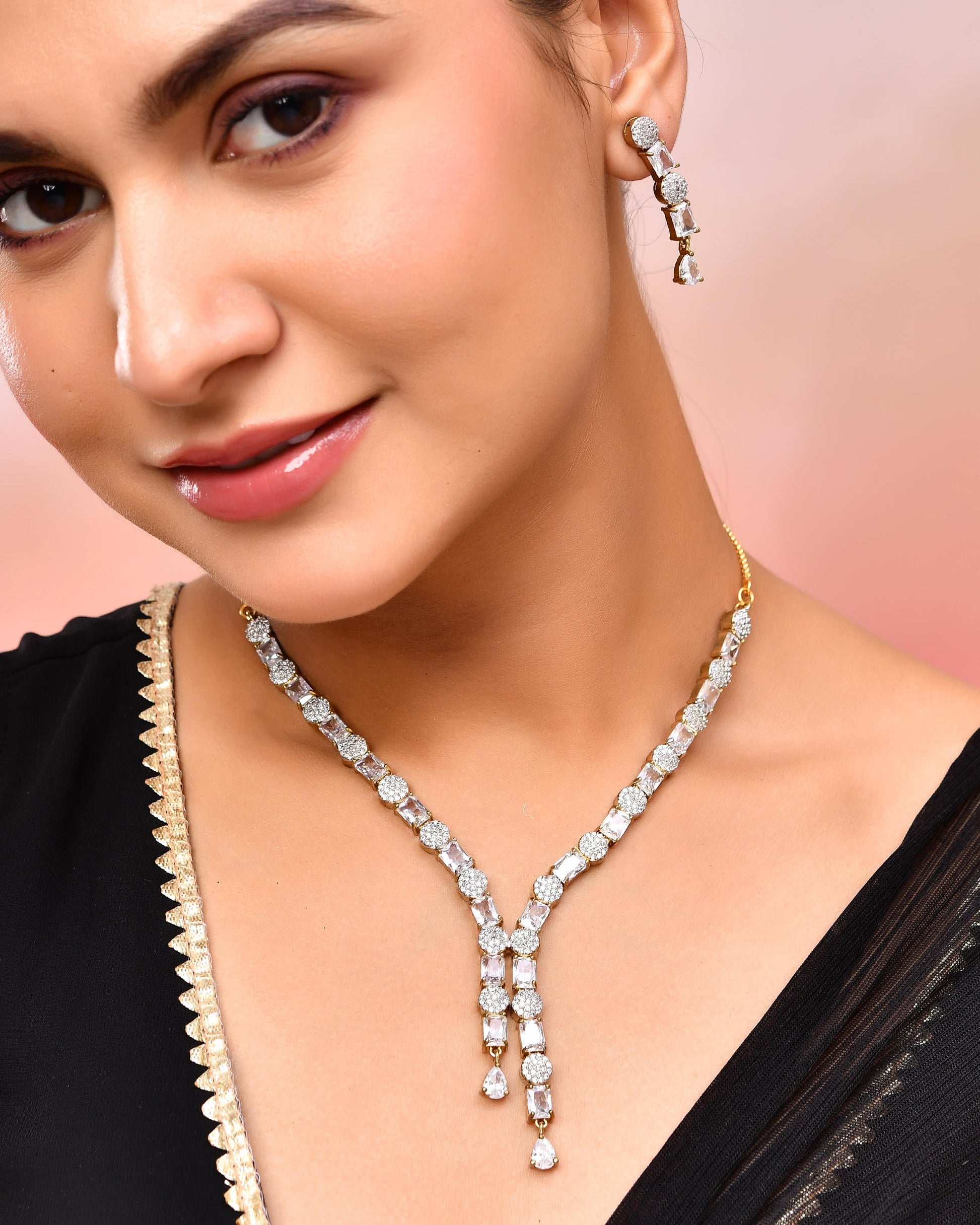 VOJ Gold Toned AD Stone Studded Necklace Set VOJ (Valley Of Jewellery)