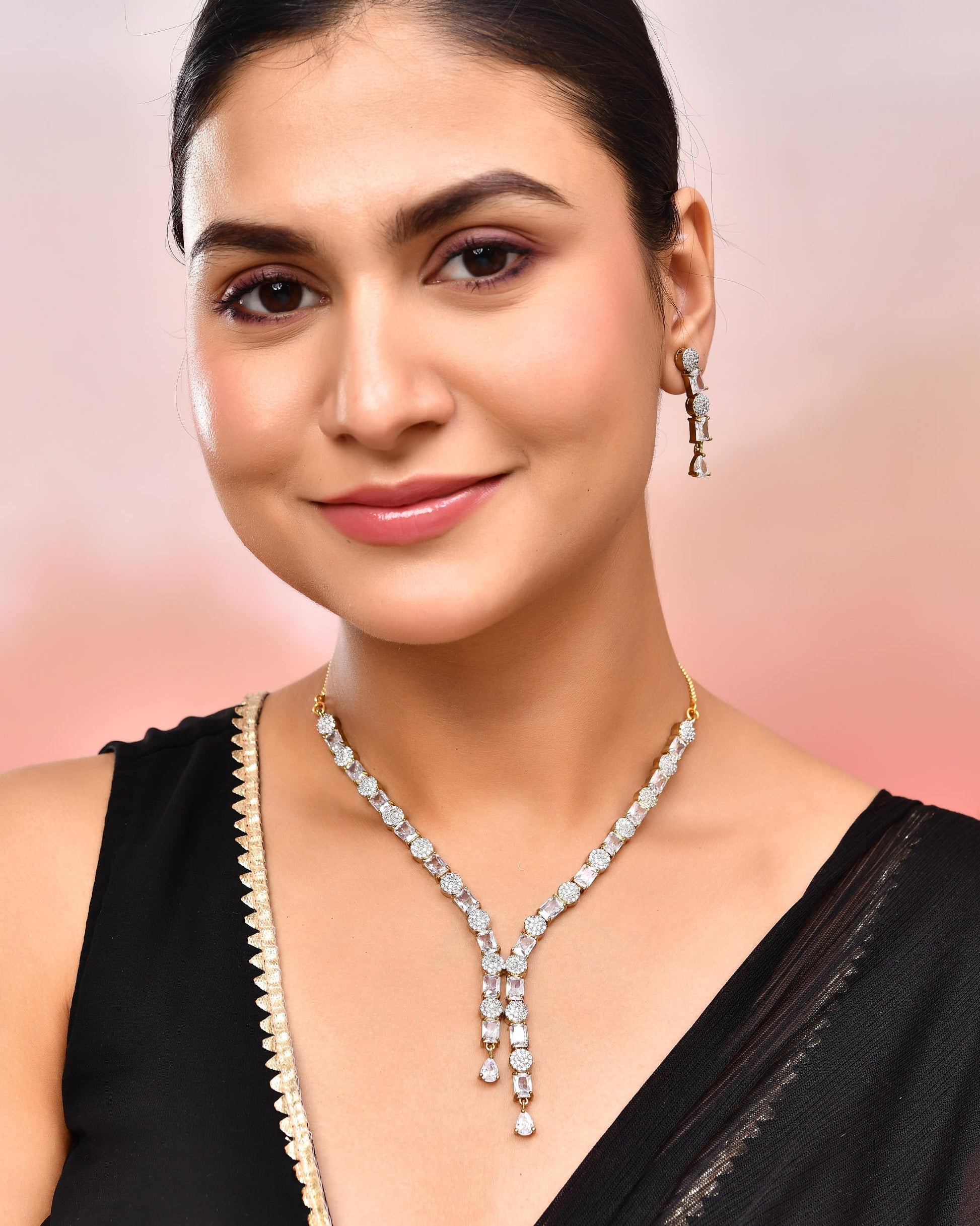 VOJ Gold Toned AD Stone Studded Necklace Set VOJ (Valley Of Jewellery)