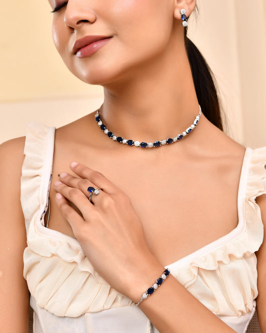VOJ Silver Plated Blue Stone Studded Necklace Set With Ring And bracelet VOJ (Valley Of Jewellery)