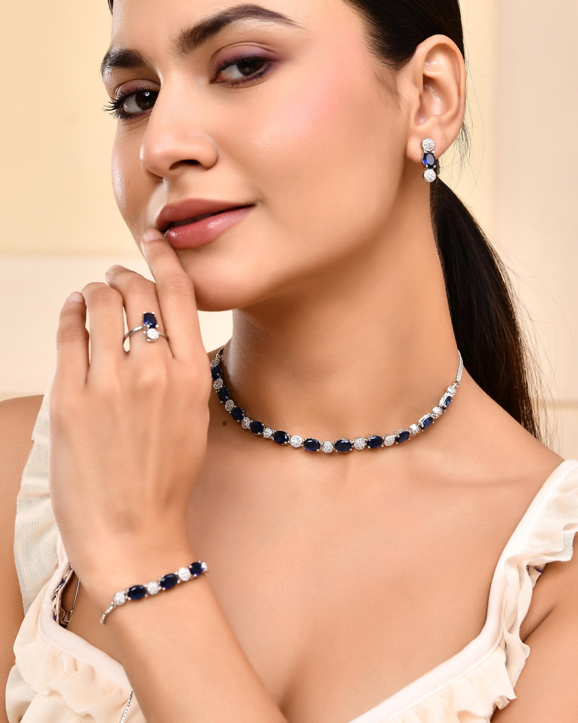VOJ Silver Plated Blue Stone Studded Necklace Set With Ring And bracelet VOJ (Valley Of Jewellery)