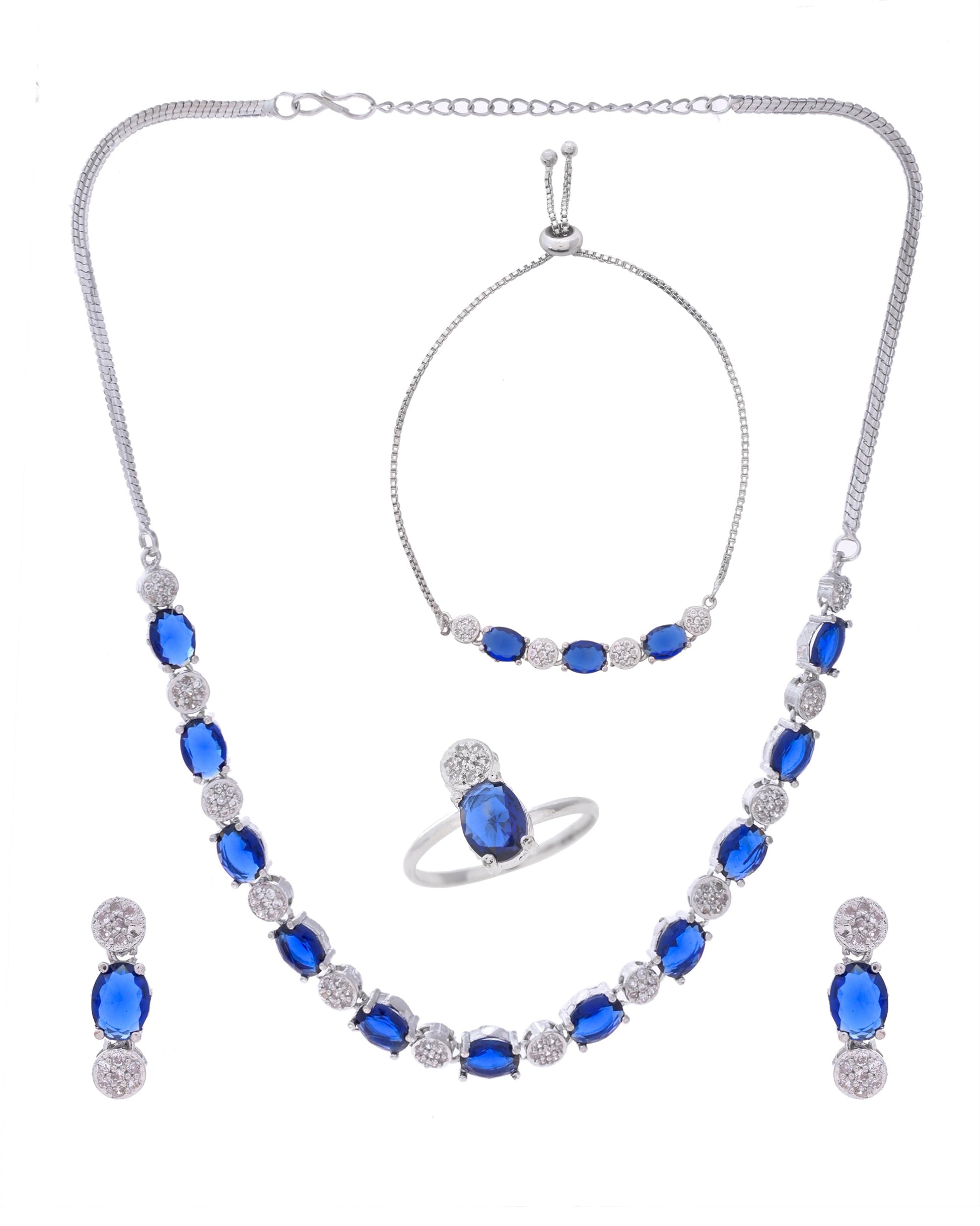 VOJ Silver Plated Blue Stone Studded Necklace Set With Ring And bracelet VOJ (Valley Of Jewellery)