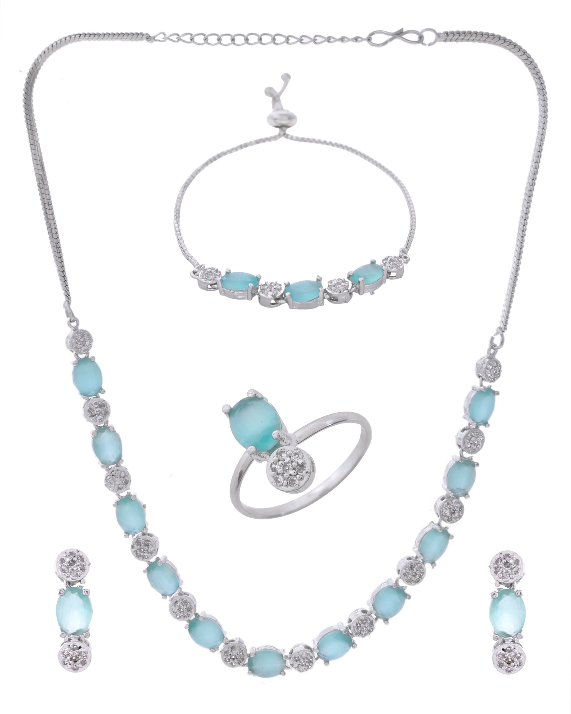 VOJ Silver Plated Teal Stone Studded Necklace Set With Ring And bracelet VOJ (Valley Of Jewellery)