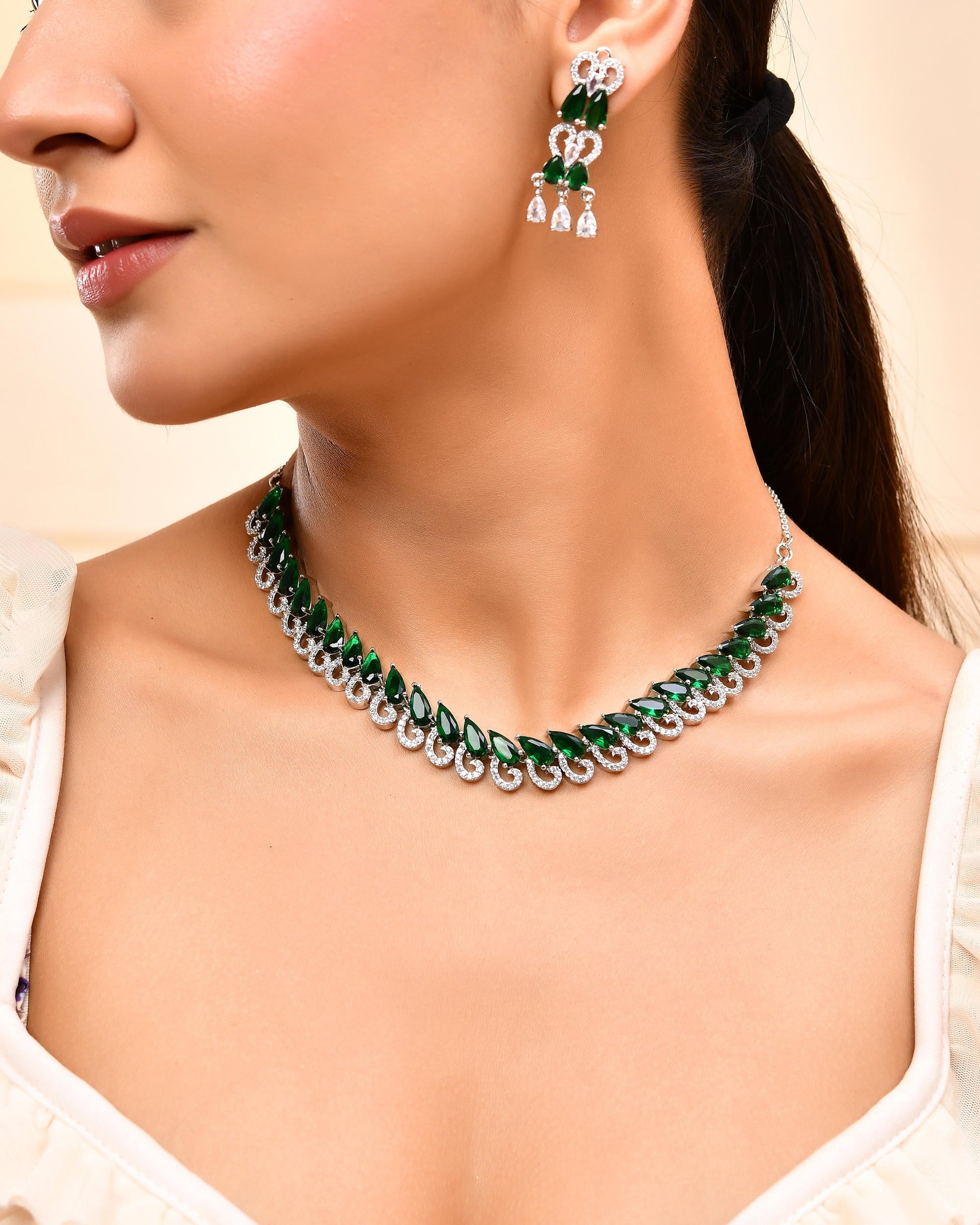 VOJ Silver Plated AD And Green Stone Tear Drop Shaped Necklace Set VOJ (Valley Of Jewellery)