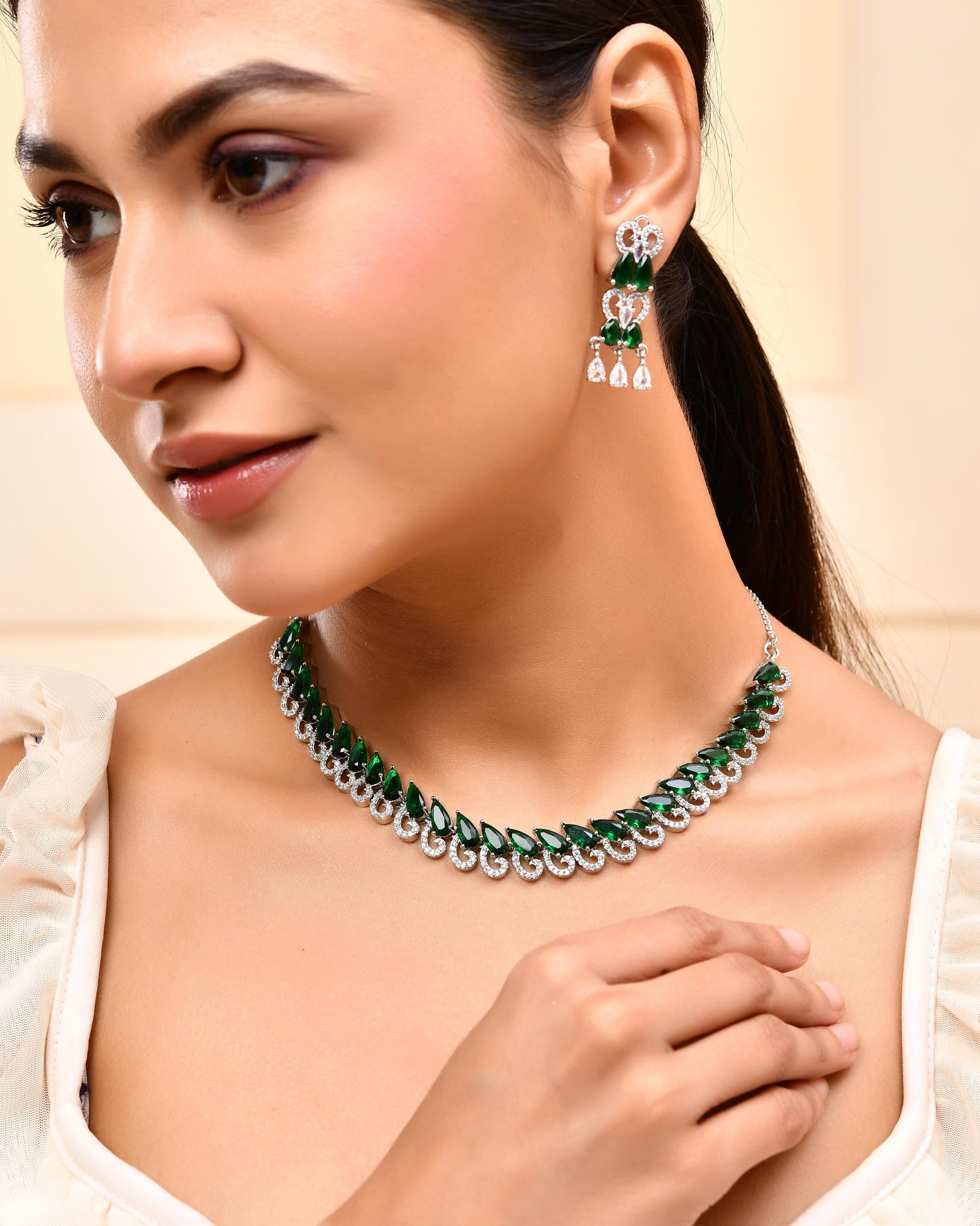 VOJ Silver Plated AD And Green Stone Tear Drop Shaped Necklace Set VOJ (Valley Of Jewellery)