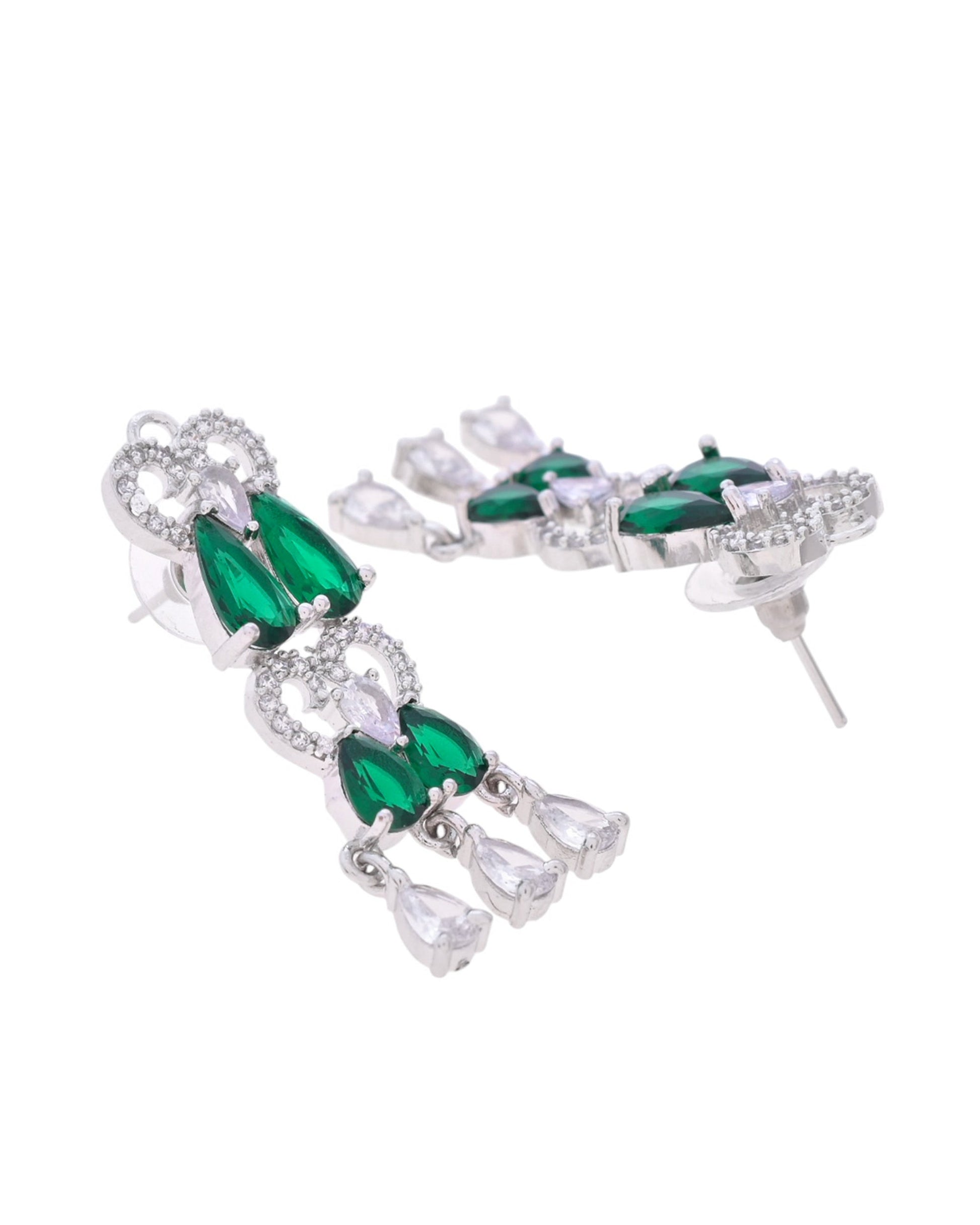 VOJ Silver Plated AD And Green Stone Tear Drop Shaped Necklace Set VOJ (Valley Of Jewellery)