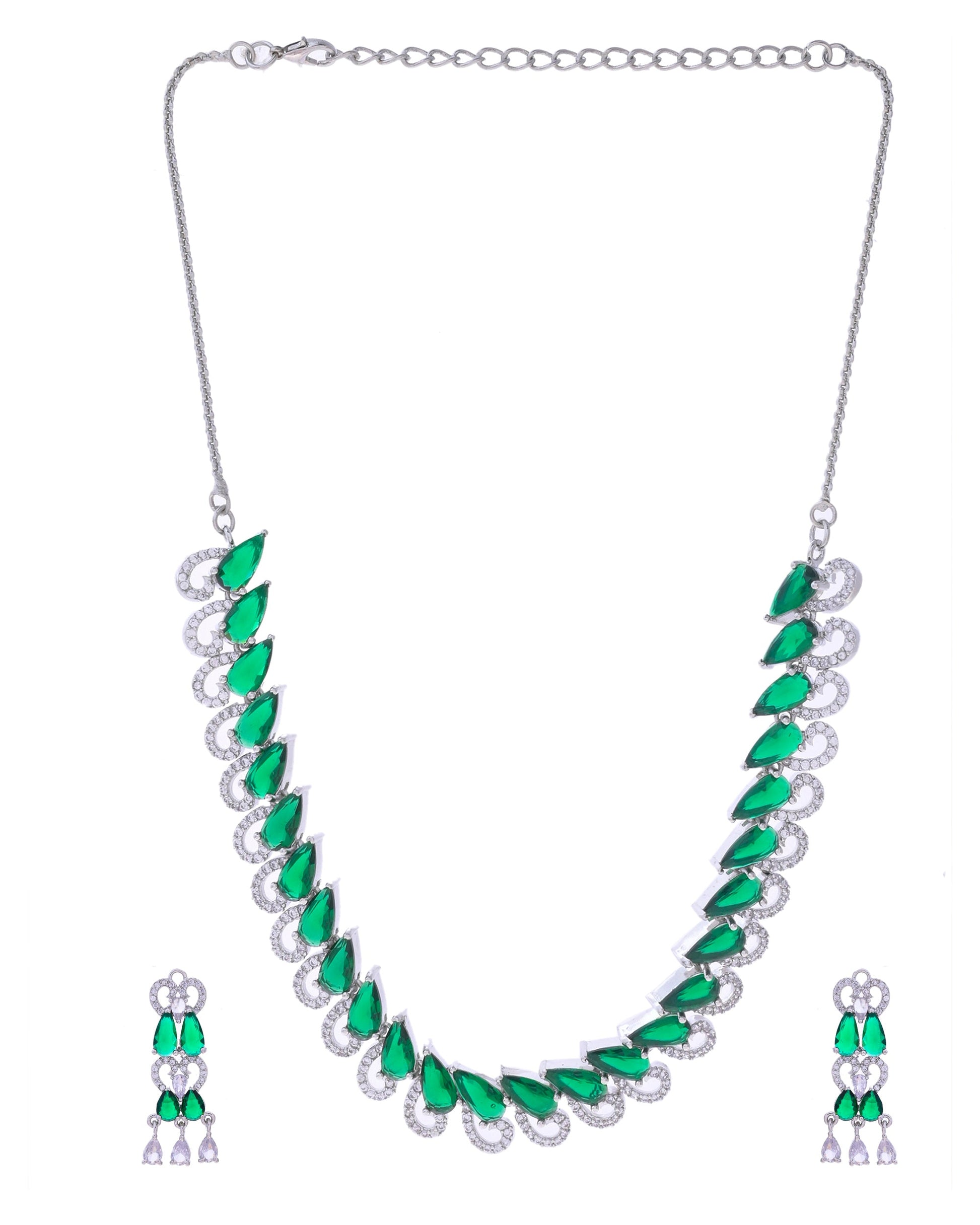 VOJ Silver Plated AD And Green Stone Tear Drop Shaped Necklace Set VOJ (Valley Of Jewellery)