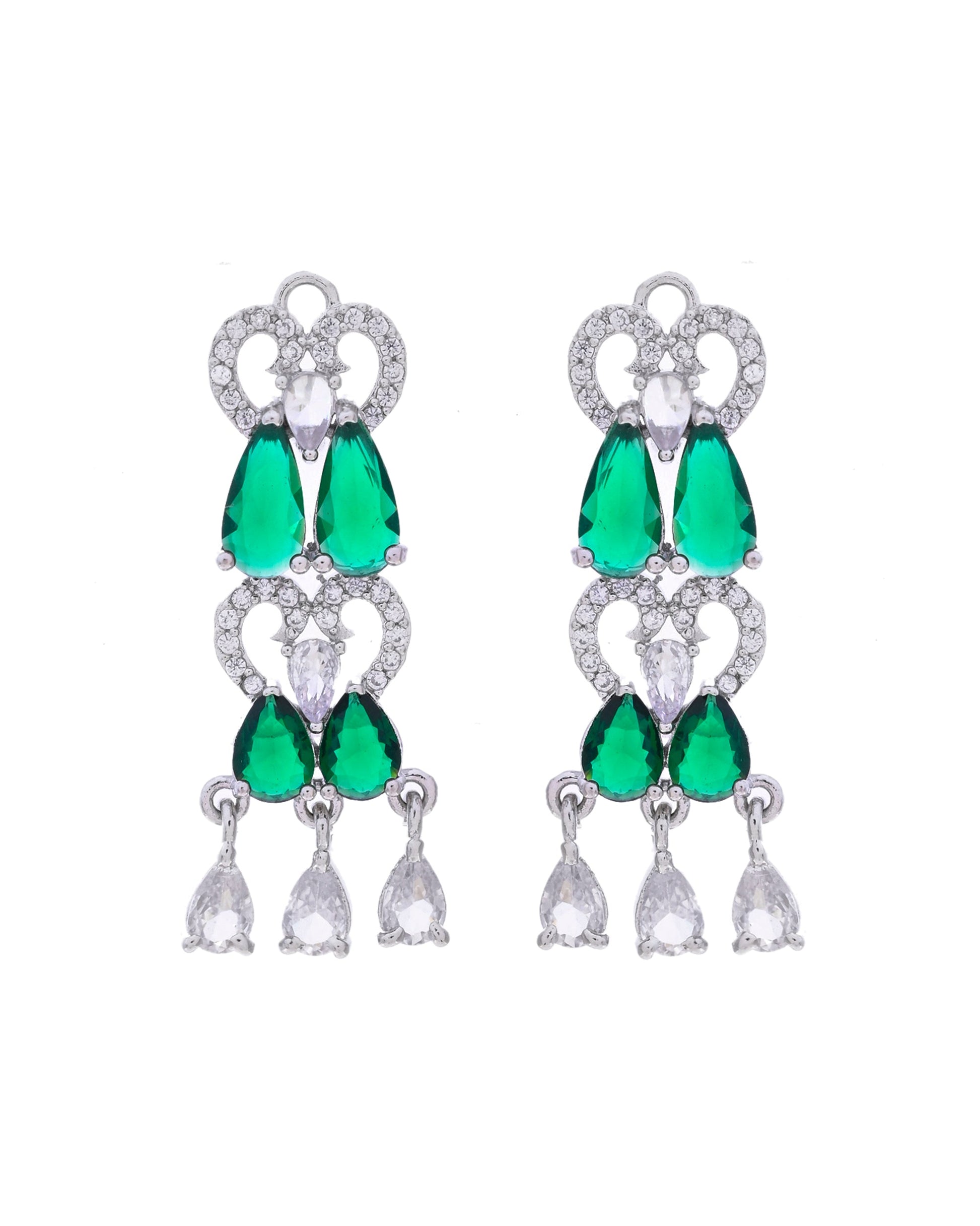 VOJ Silver Plated AD And Green Stone Tear Drop Shaped Necklace Set VOJ (Valley Of Jewellery)