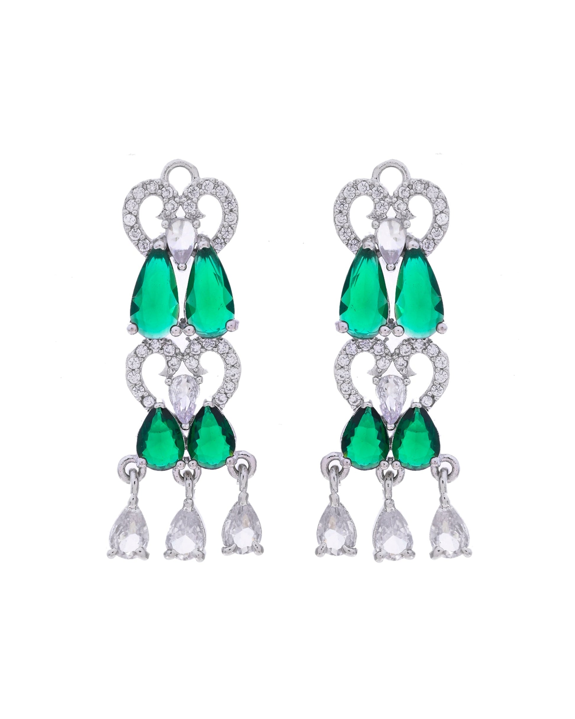 VOJ Silver Plated AD And Green Stone Tear Drop Shaped Necklace Set - Swadesiicart