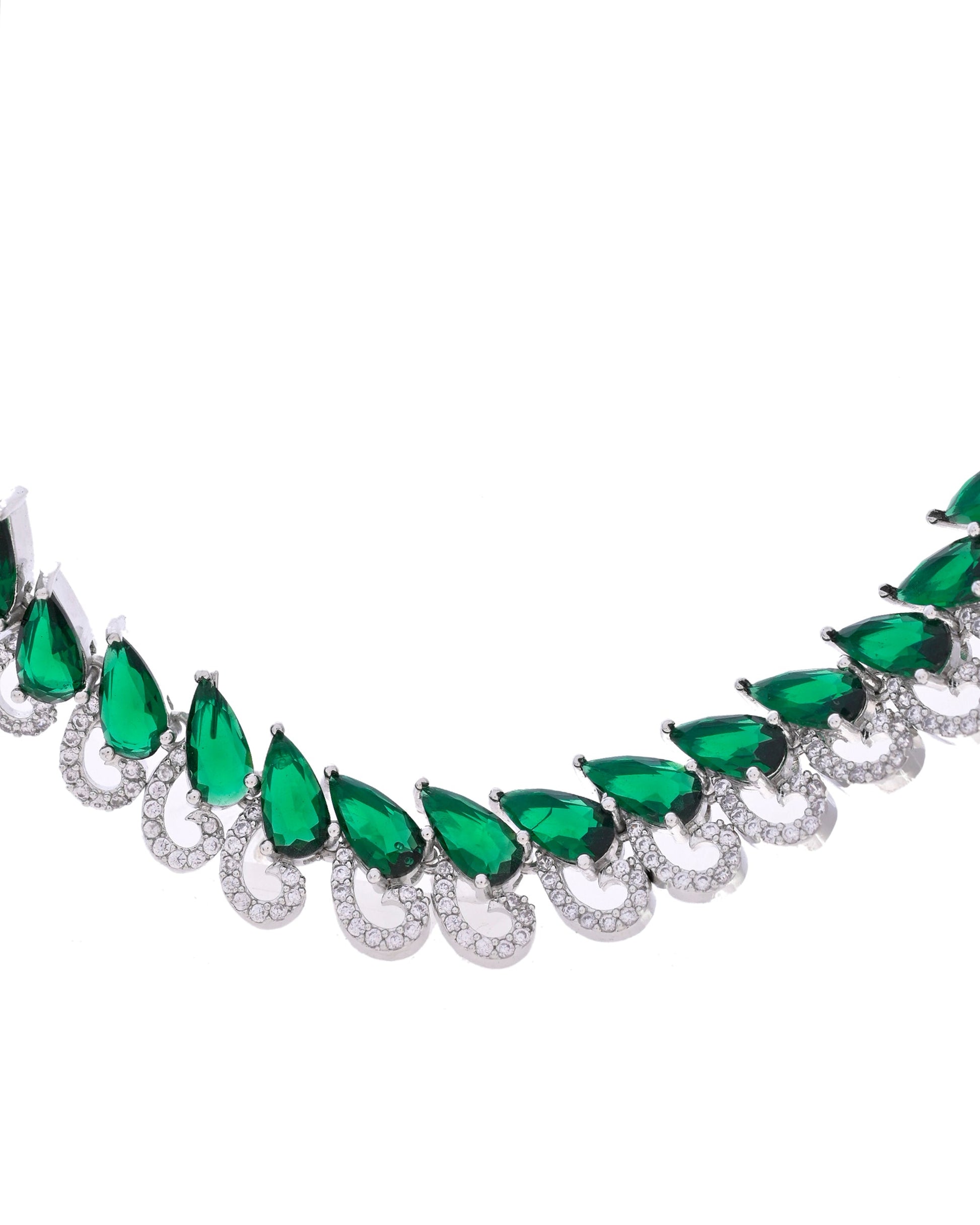 VOJ Silver Plated AD And Green Stone Tear Drop Shaped Necklace Set VOJ (Valley Of Jewellery)