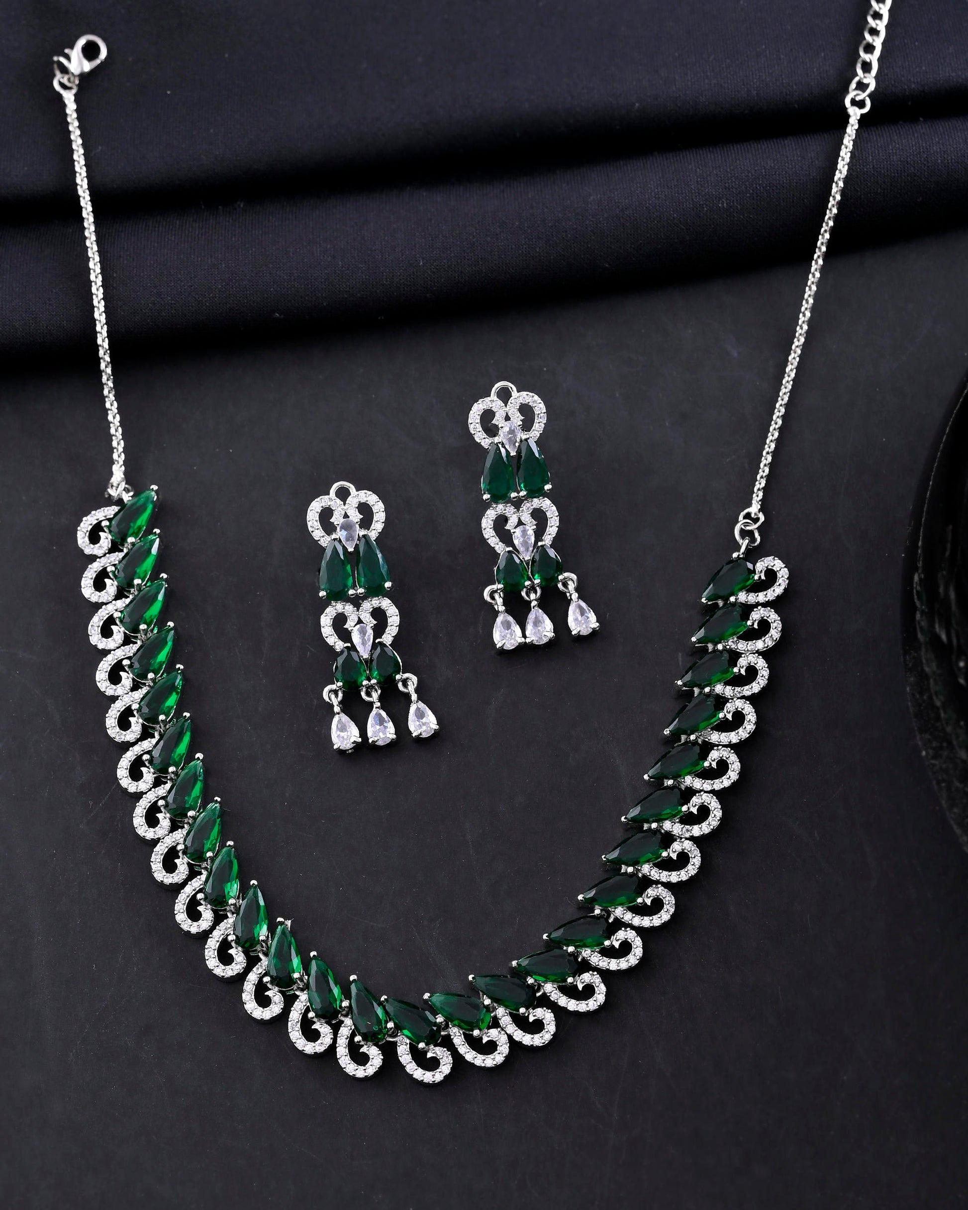 VOJ Silver Plated AD And Green Stone Tear Drop Shaped Necklace Set VOJ (Valley Of Jewellery)