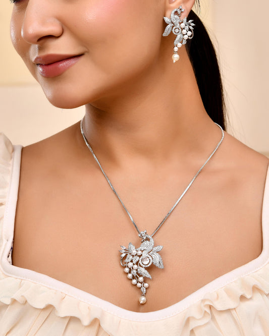 VOJ Silver Plated AD And Pear Studded Peacock Shaped Chain Set VOJ (Valley Of Jewellery)