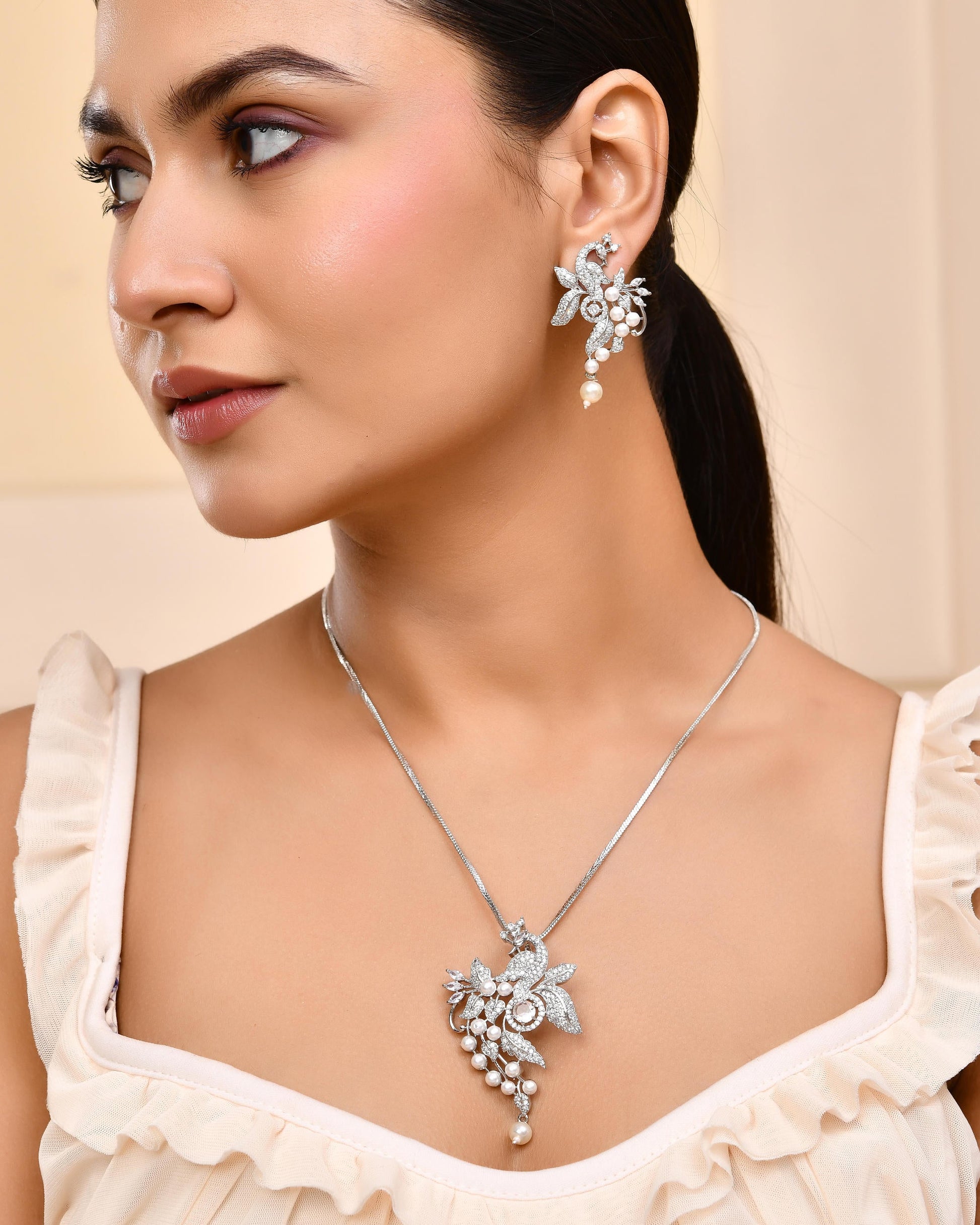 VOJ Silver Plated AD And Pear Studded Peacock Shaped Chain Set VOJ (Valley Of Jewellery)