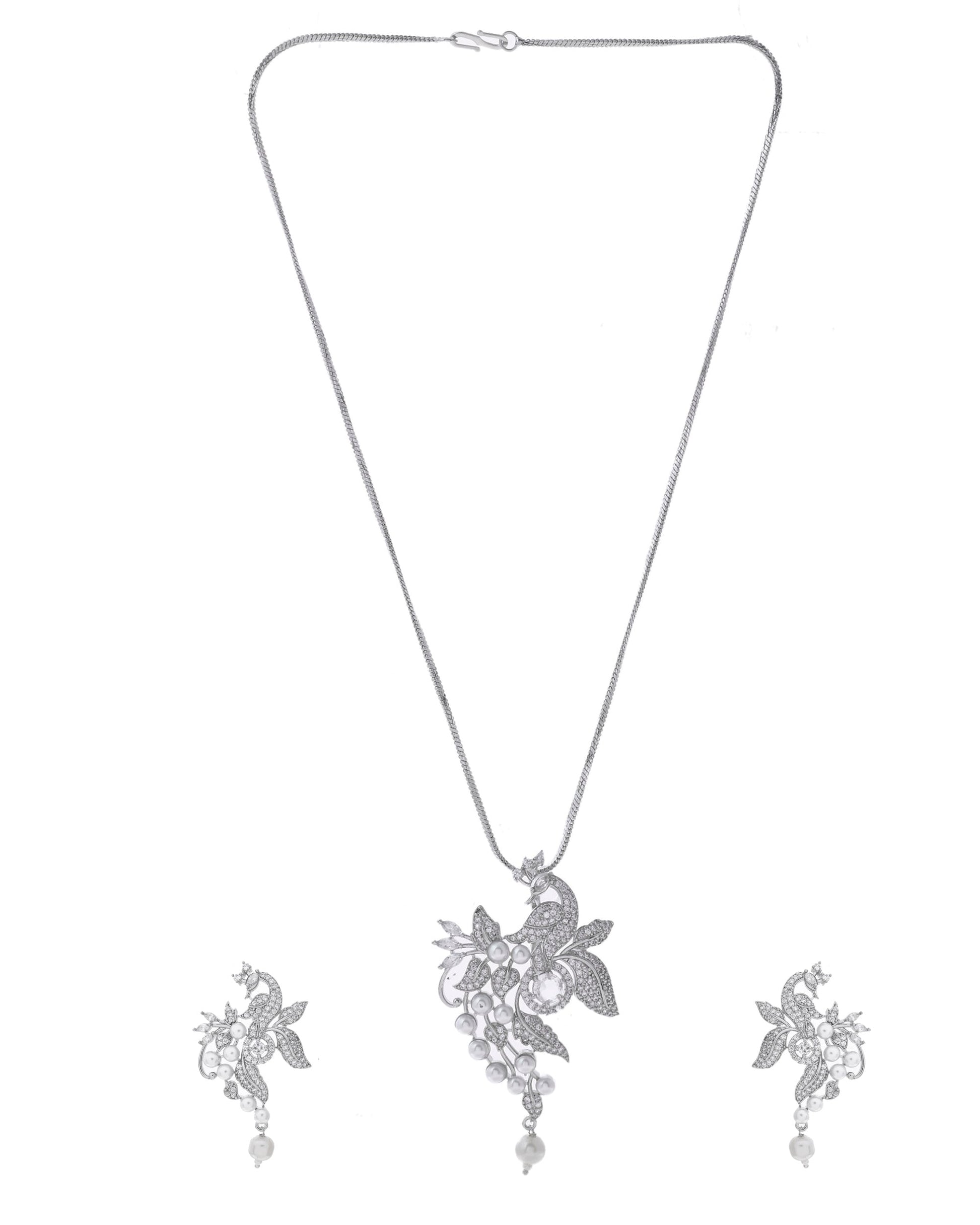VOJ Silver Plated AD And Pear Studded Peacock Shaped Chain Set VOJ (Valley Of Jewellery)