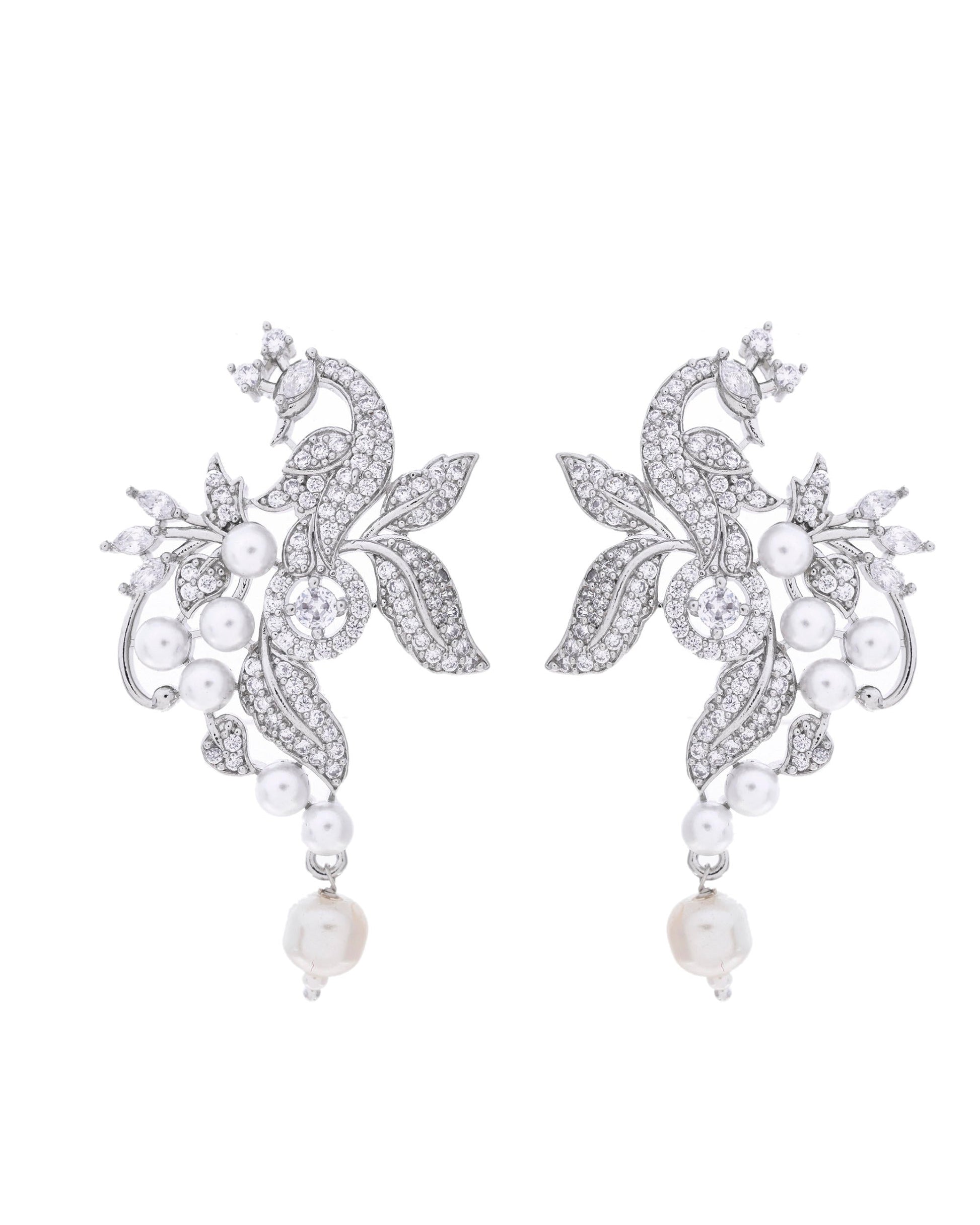 VOJ Silver Plated AD And Pear Studded Peacock Shaped Chain Set VOJ (Valley Of Jewellery)