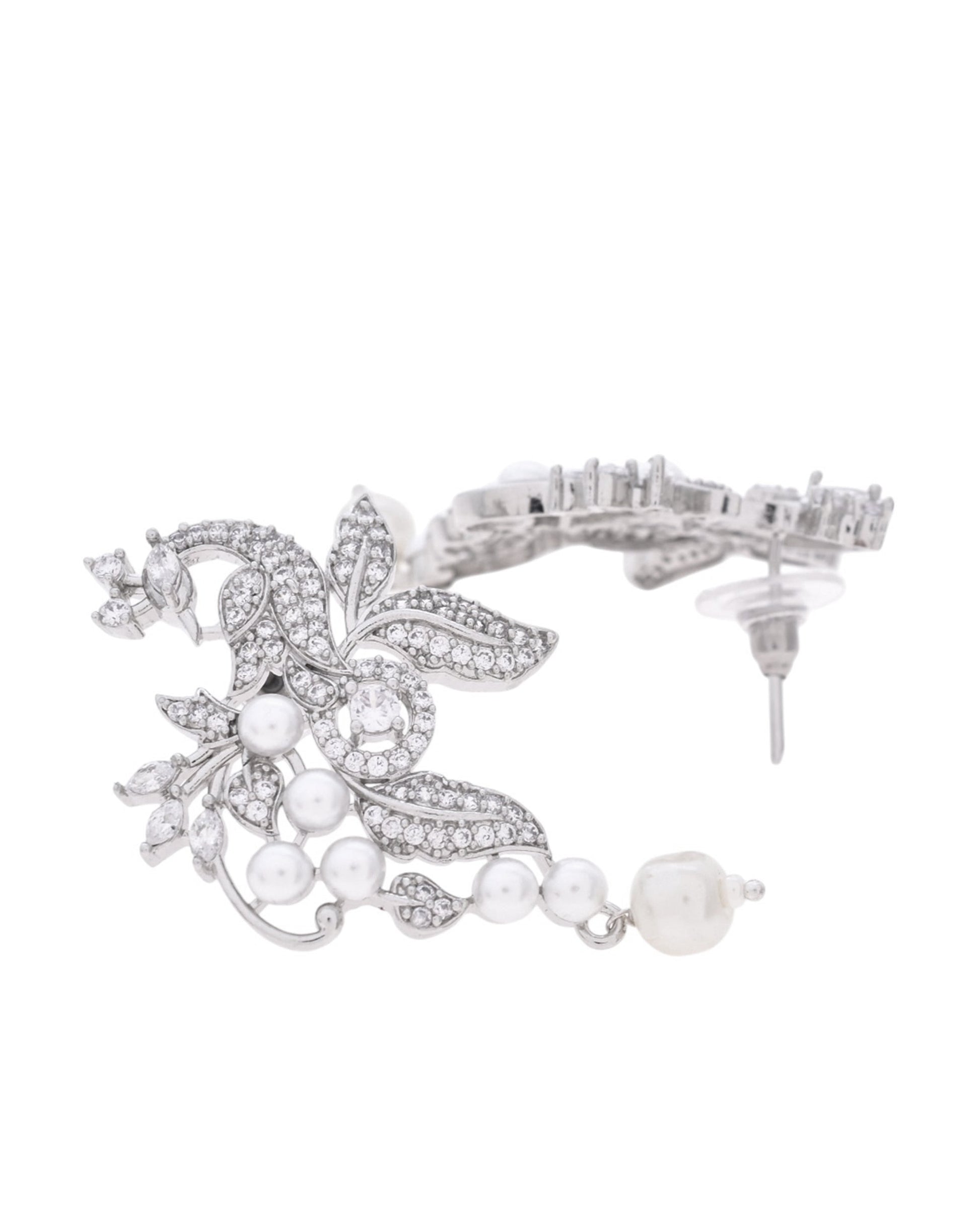 VOJ Silver Plated AD And Pear Studded Peacock Shaped Chain Set VOJ (Valley Of Jewellery)