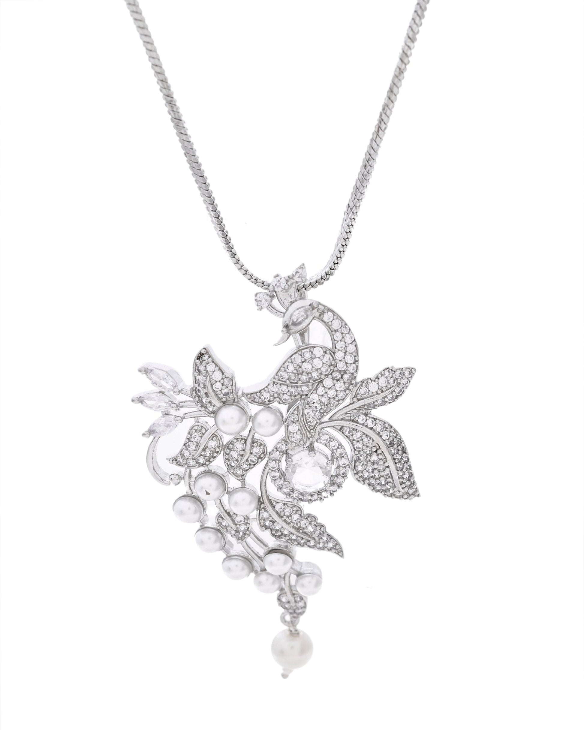 VOJ Silver Plated AD And Pear Studded Peacock Shaped Chain Set VOJ (Valley Of Jewellery)