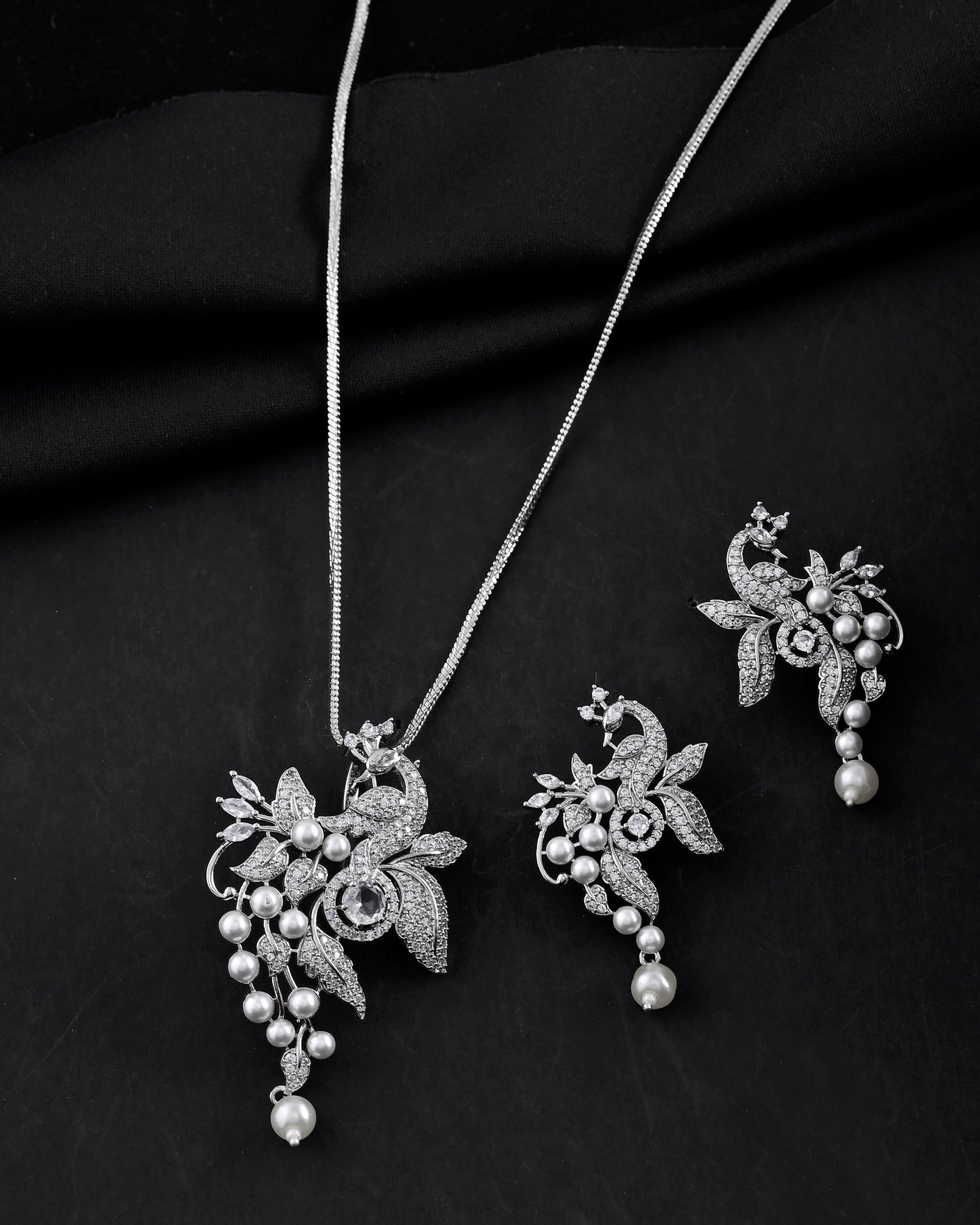 VOJ Silver Plated AD And Pear Studded Peacock Shaped Chain Set VOJ (Valley Of Jewellery)