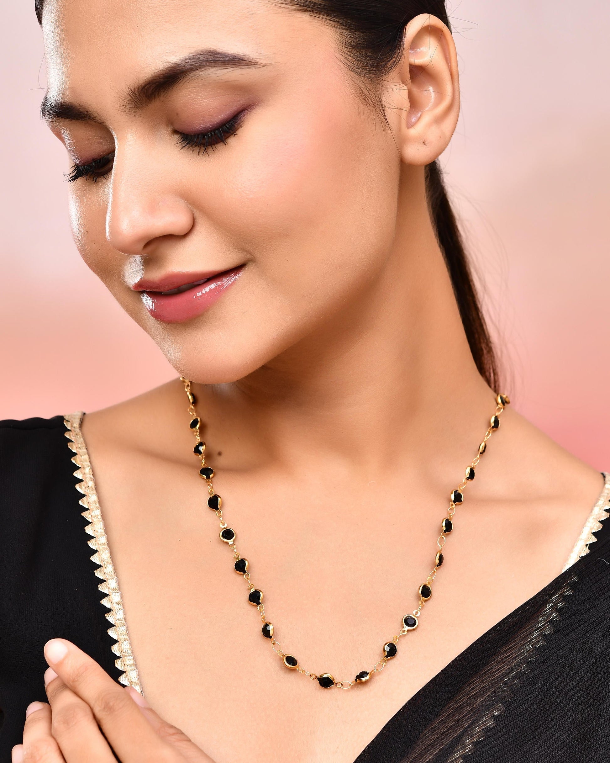 VOJ Gold-Polished Black Stone Studded Women Chain 