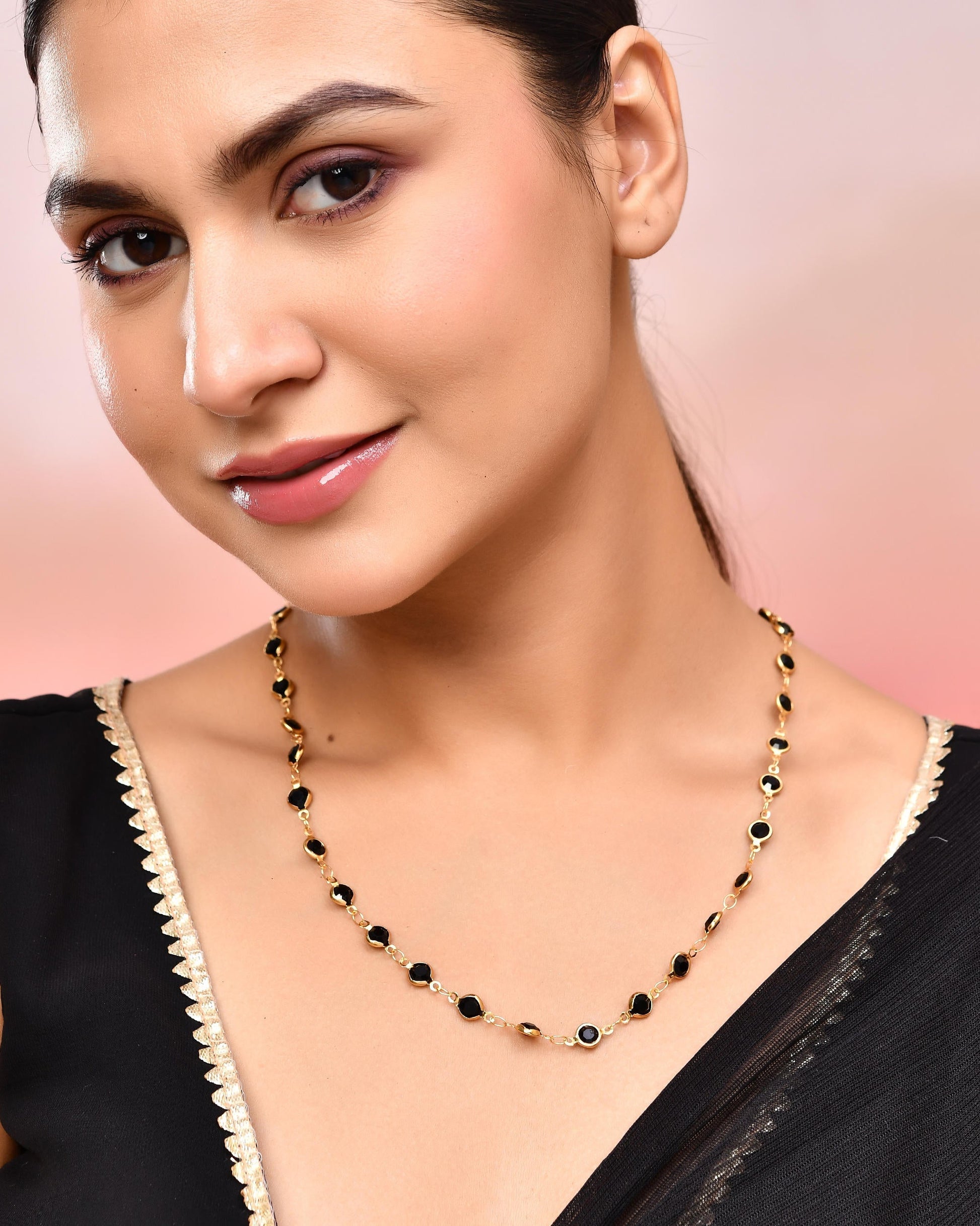 VOJ Gold-Polished Black Stone Studded Women Chain 