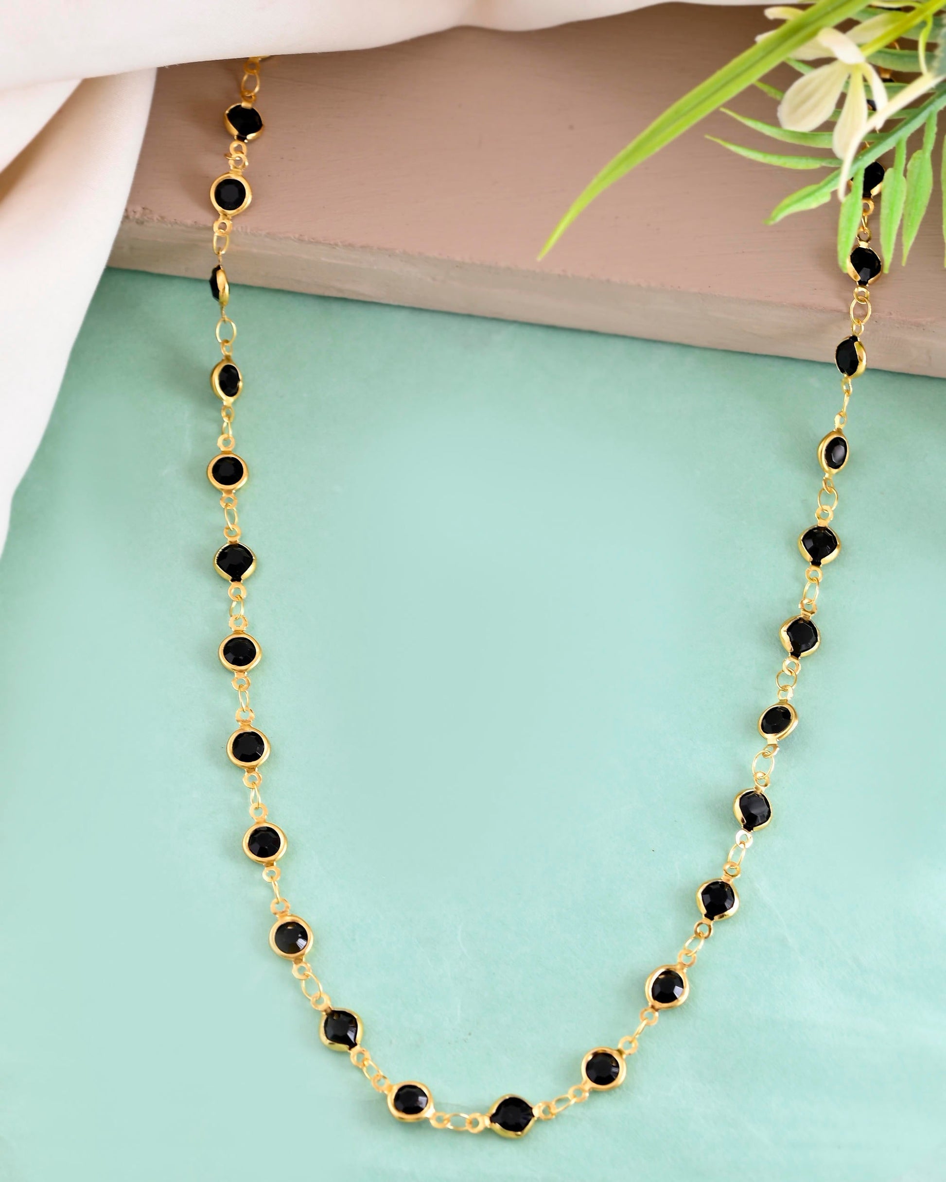 VOJ Gold-Polished Black Stone Studded Women Chain 