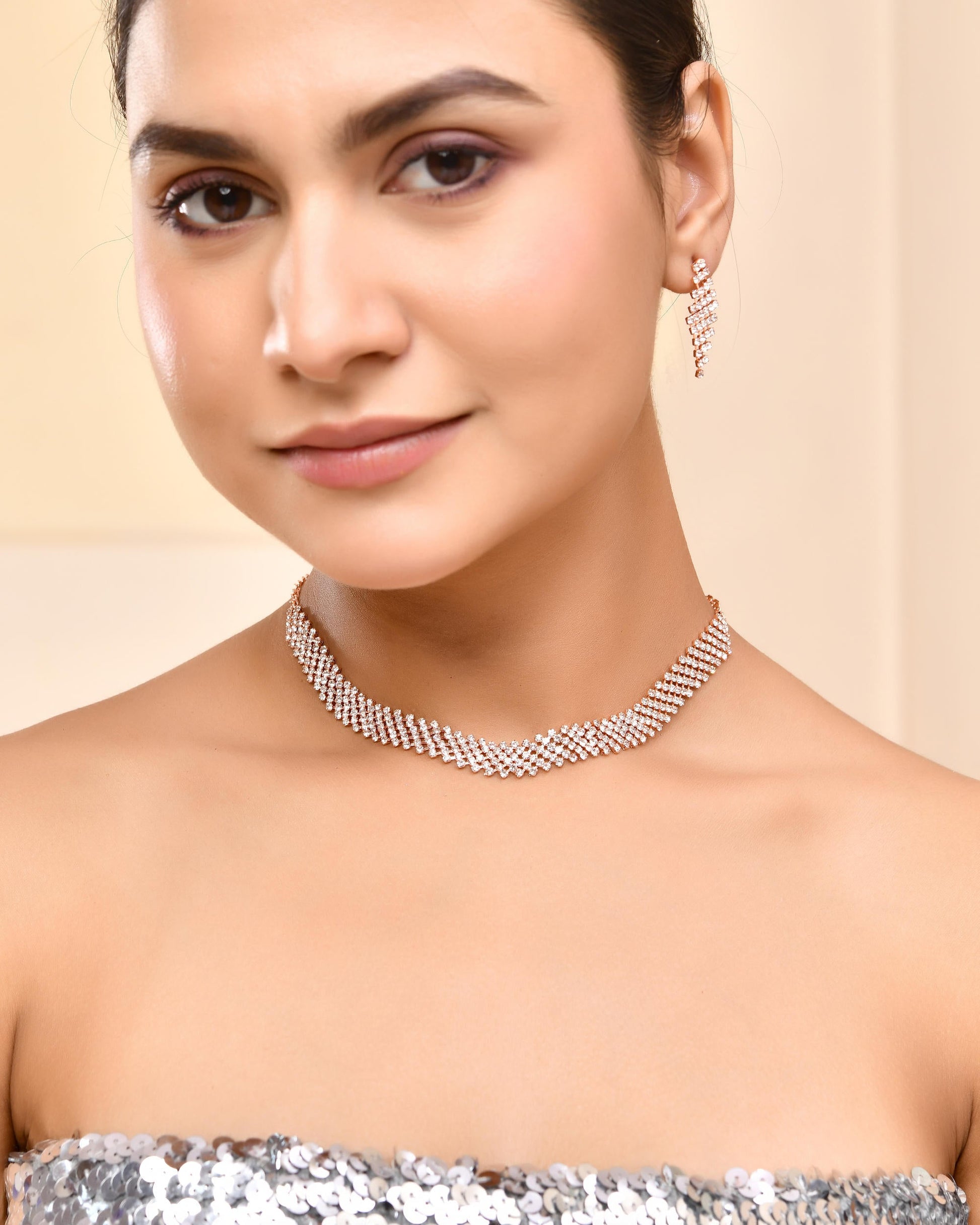 VOJ Rose Gold-Polished Stone Studded Jewellery Set VOJ (Valley Of Jewellery)