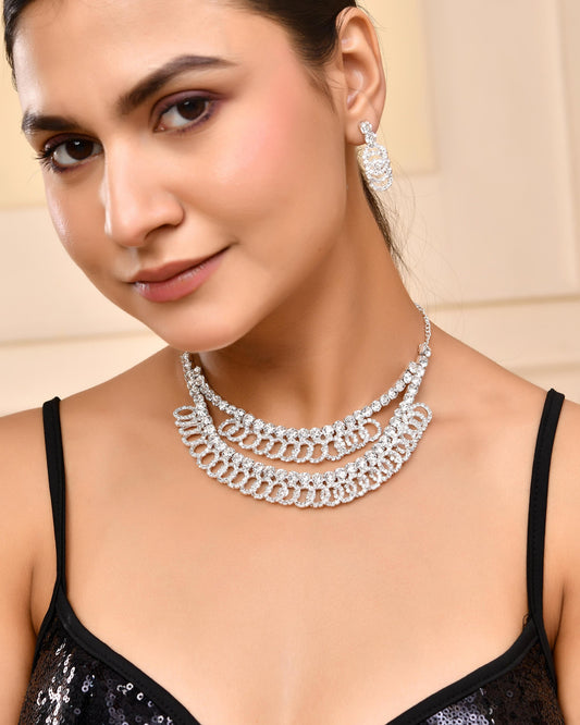 VOJ Silver Plated Stone Studded Circular Mutli Layer Necklace Set VOJ (Valley Of Jewellery)