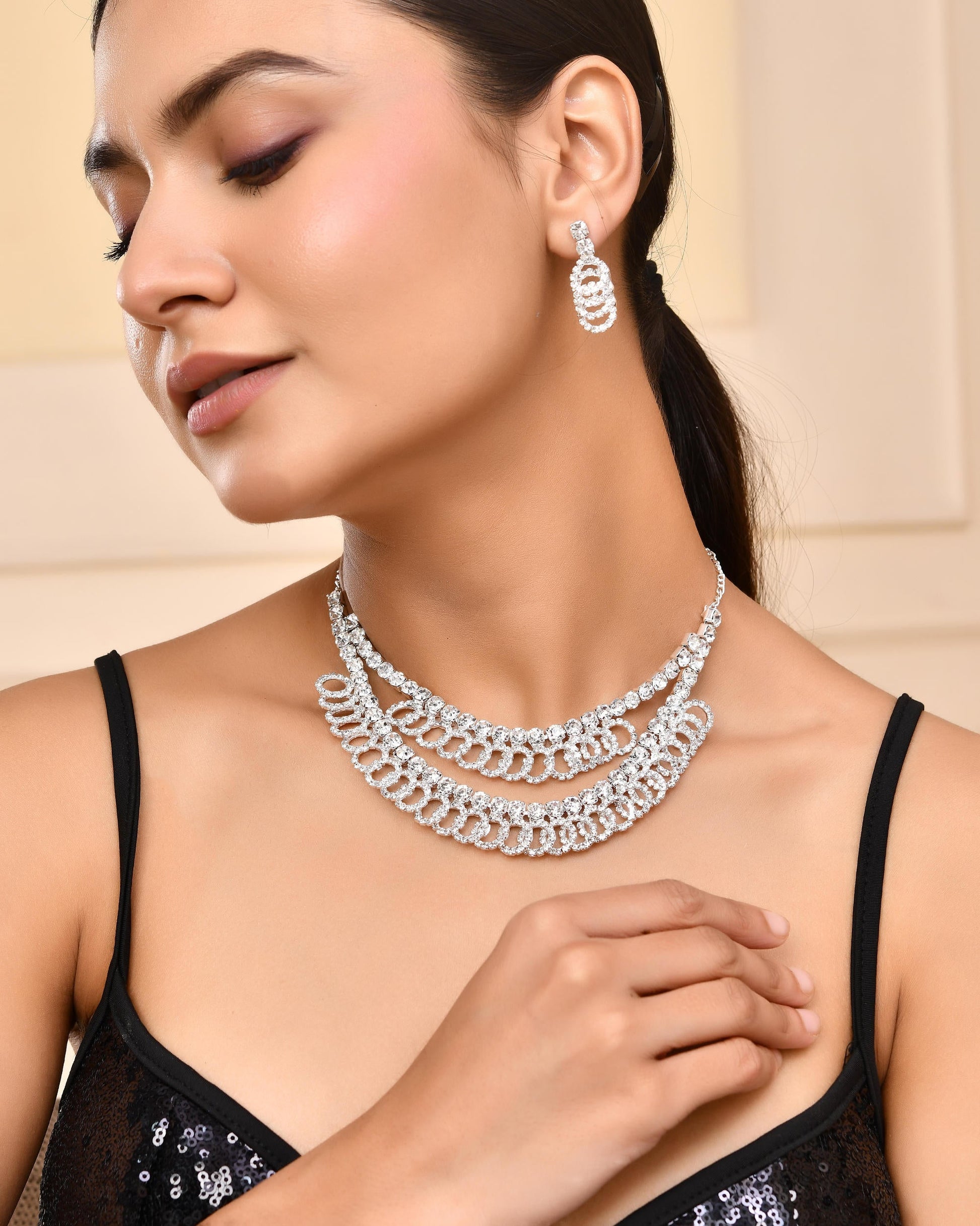 VOJ Silver Plated Stone Studded Circular Mutli Layer Necklace Set VOJ (Valley Of Jewellery)