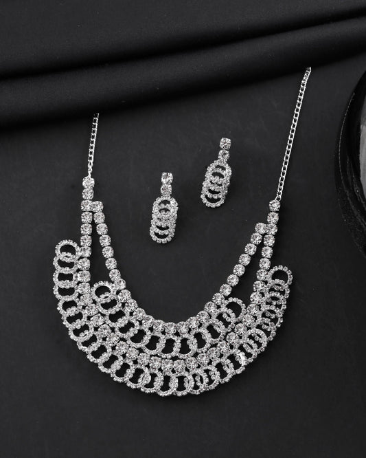 VOJ Silver Plated Stone Studded Circular Mutli Layer Necklace Set - Swadesiicart