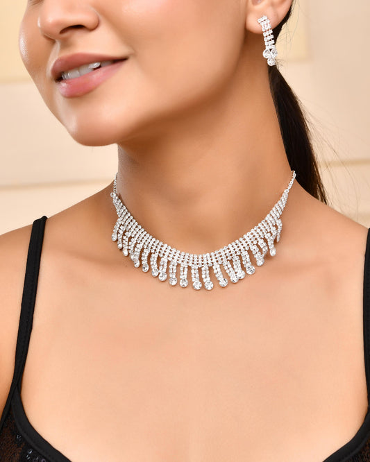 VOJ Silver Plated CZ Stone Studded Necklace Set VOJ (Valley Of Jewellery)
