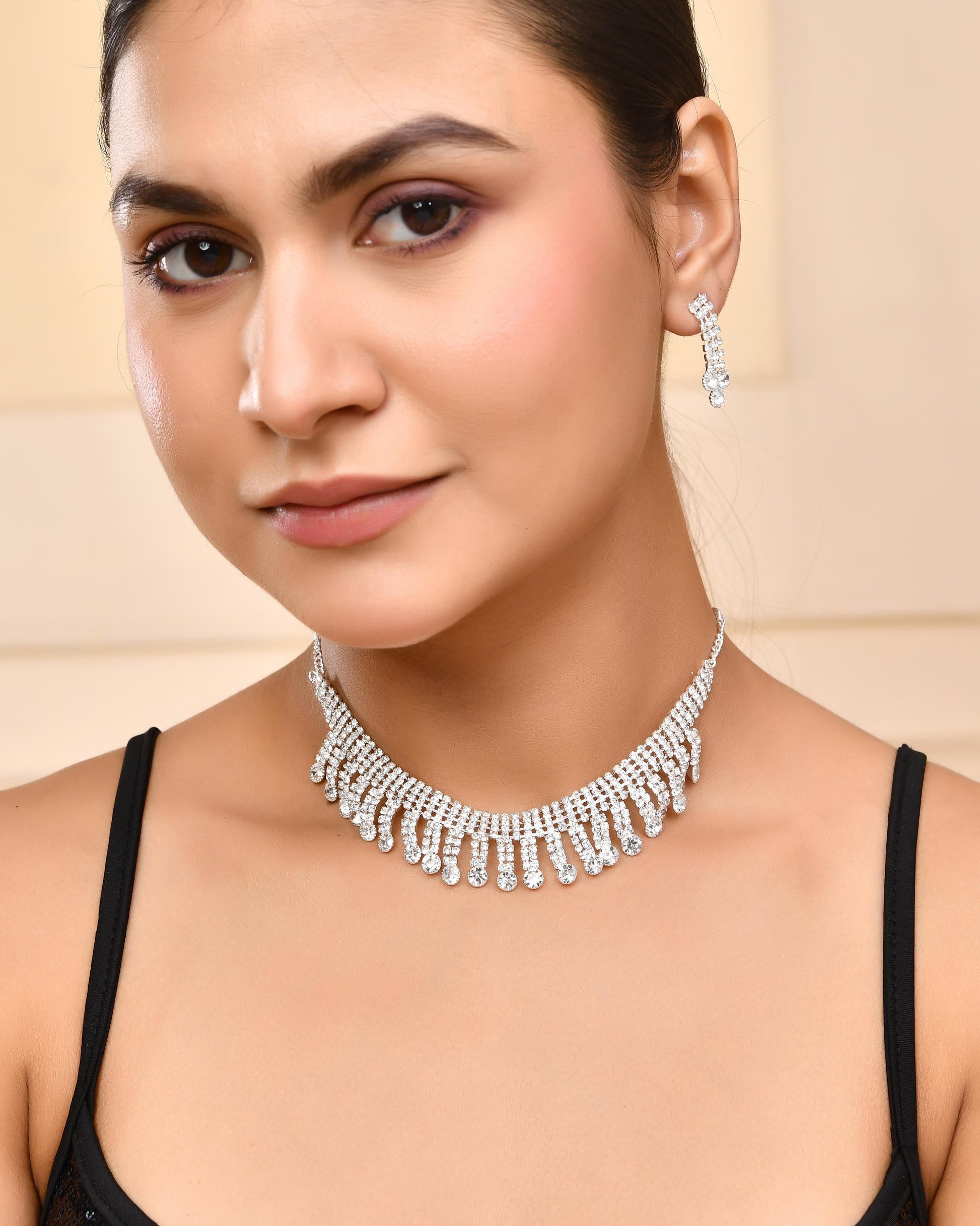 VOJ Silver Plated CZ Stone Studded Necklace Set VOJ (Valley Of Jewellery)