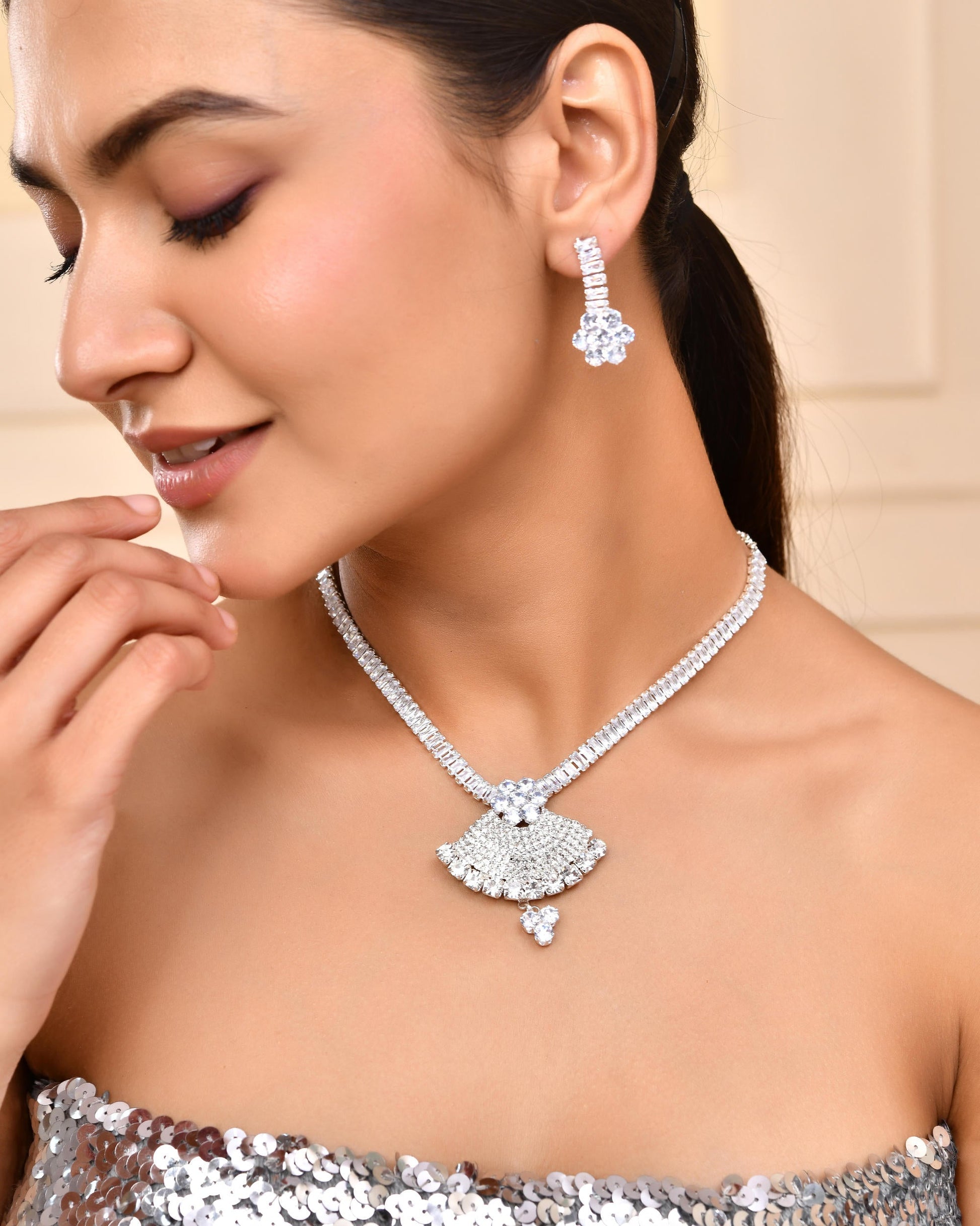 VOJ Silver Plated CZ Stone Studded Designer Jewellery Set VOJ (Valley Of Jewellery)