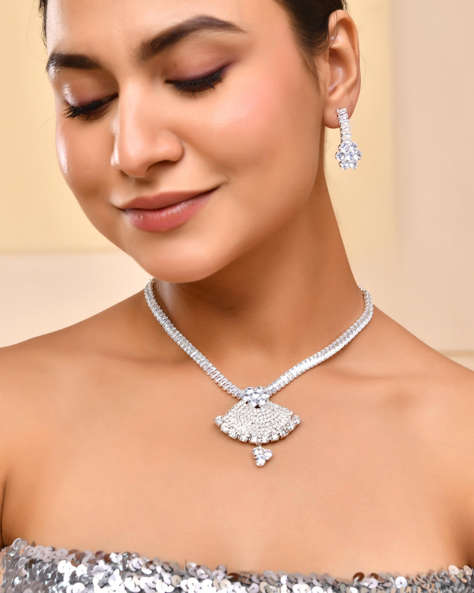 VOJ Silver Plated CZ Stone Studded Designer Jewellery Set VOJ (Valley Of Jewellery)