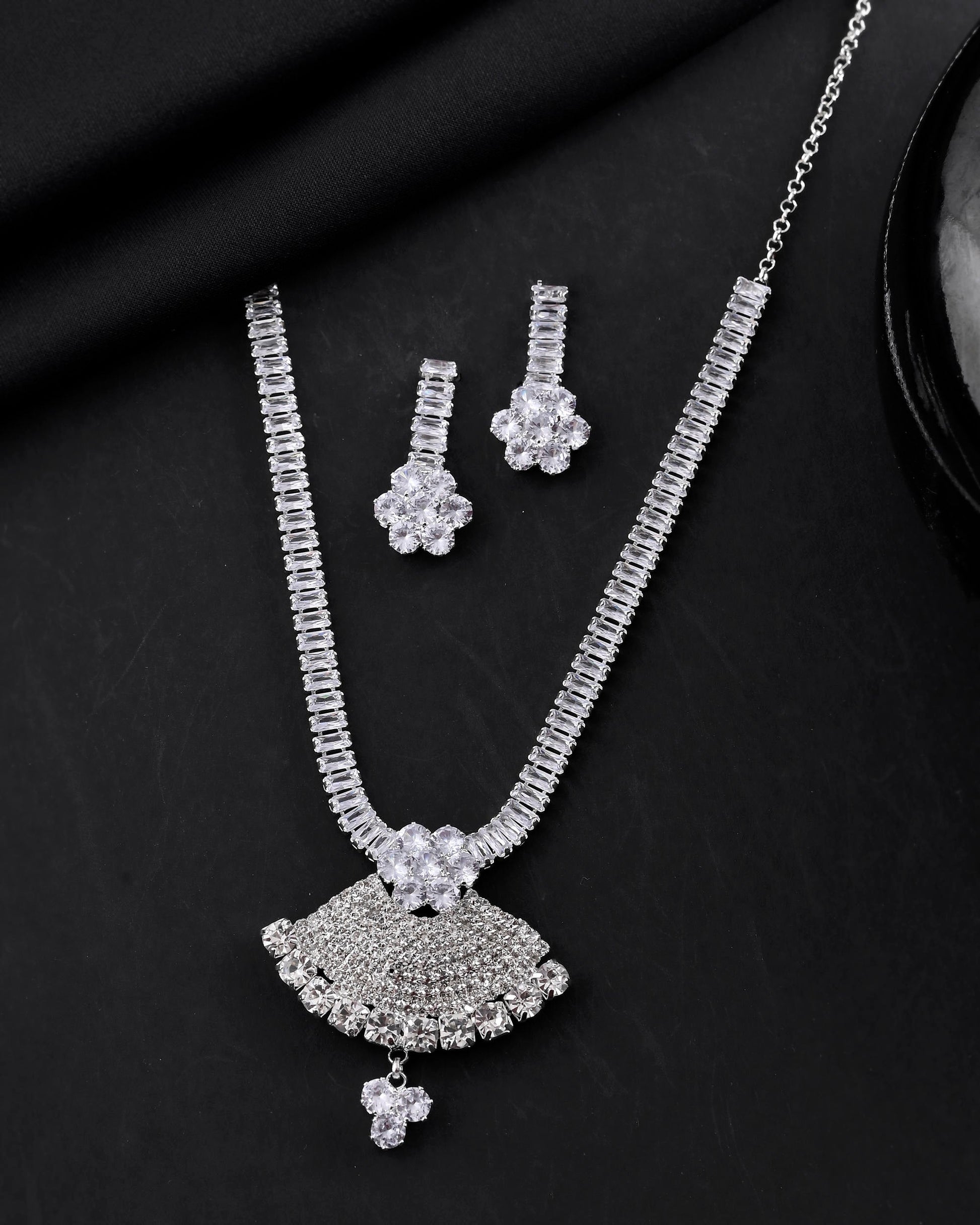 VOJ Silver Plated CZ Stone Studded Designer Jewellery Set VOJ (Valley Of Jewellery)
