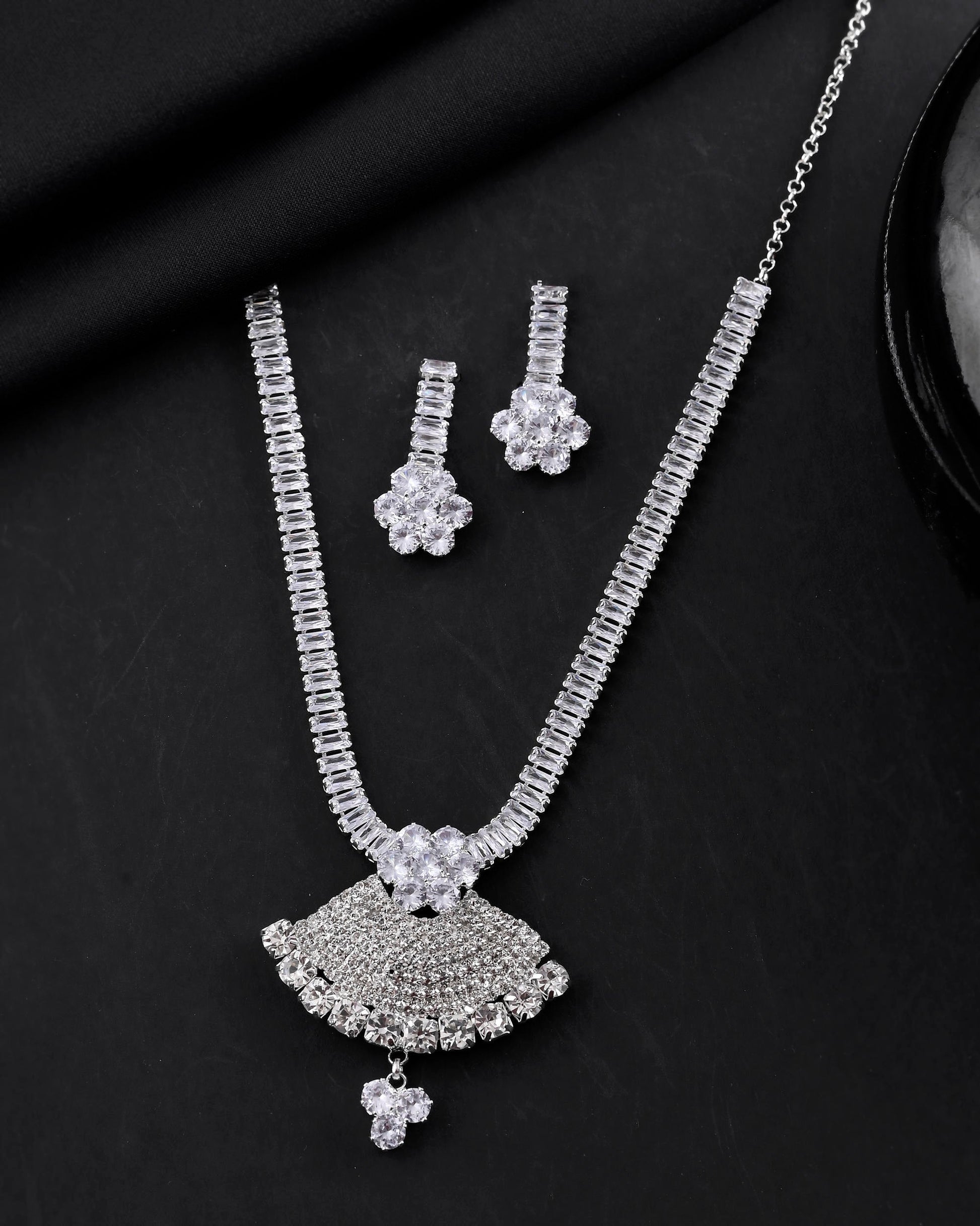 VOJ Silver Plated CZ Stone Studded Designer Jewellery Set - Swadesiicart
