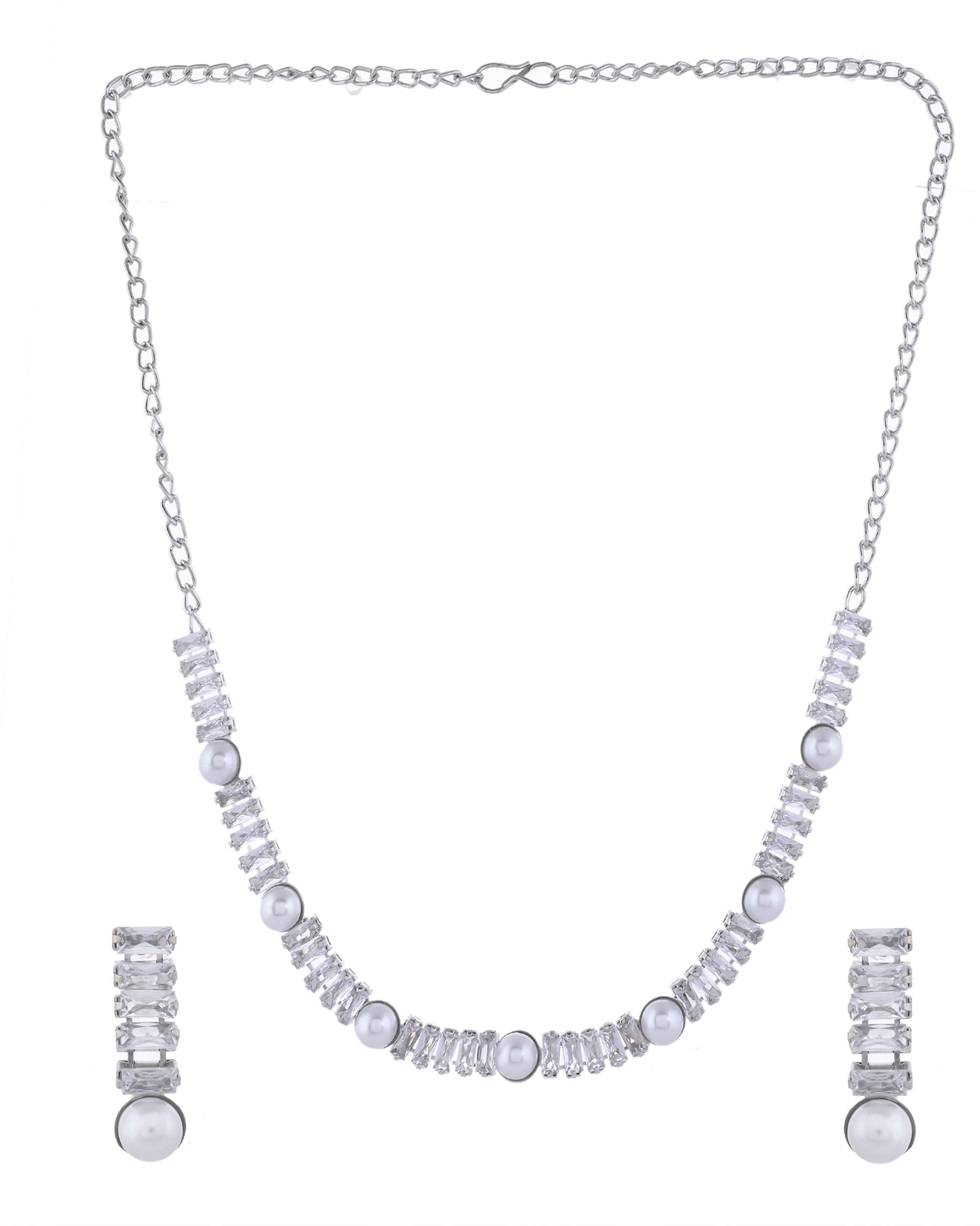 VOJ Silver Plated Pearl And Stone Studded Necklace Set VOJ (Valley Of Jewellery)