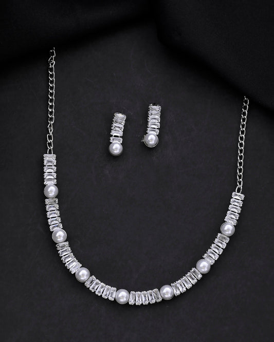 VOJ Silver Plated Pearl And Stone Studded Necklace Set VOJ (Valley Of Jewellery)