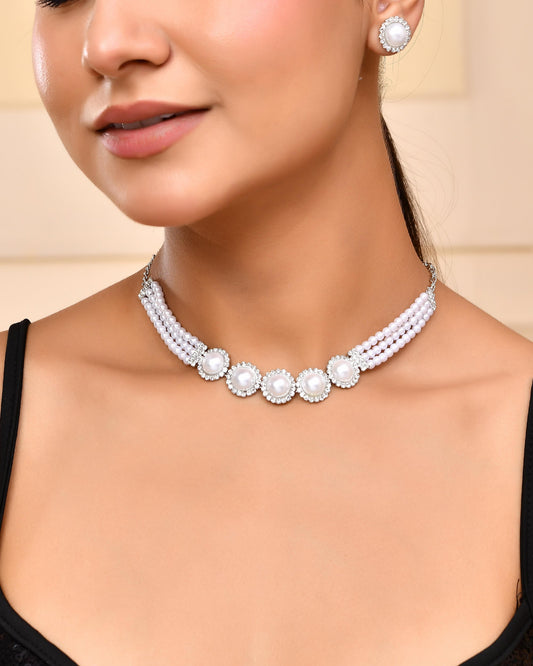 VOJ Silver Plated White Pearl And CZ Stone Choker Set VOJ (Valley Of Jewellery)