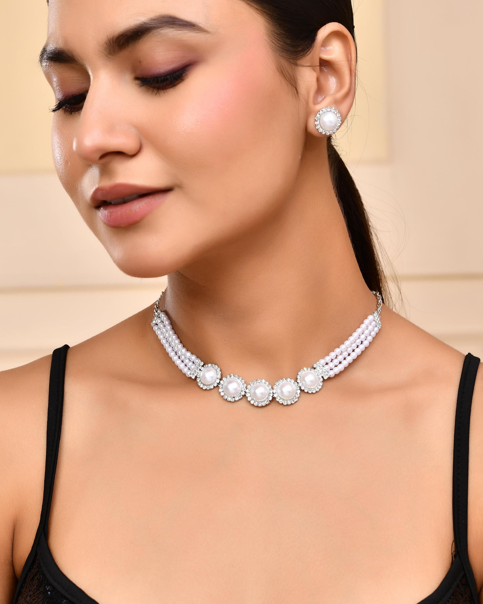 VOJ Silver Plated White Pearl And CZ Stone Choker Set VOJ (Valley Of Jewellery)