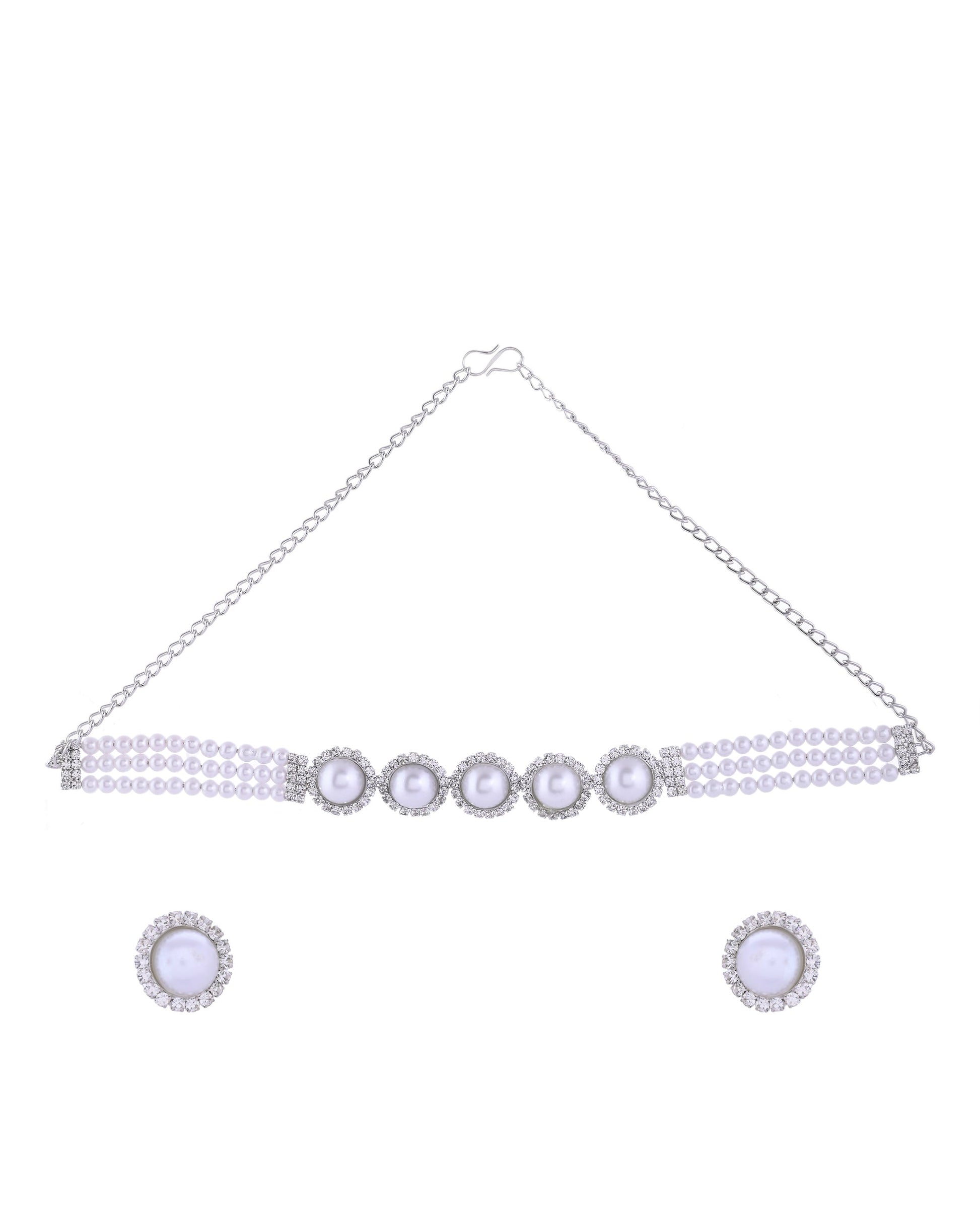 VOJ Silver Plated White Pearl And CZ Stone Choker Set VOJ (Valley Of Jewellery)