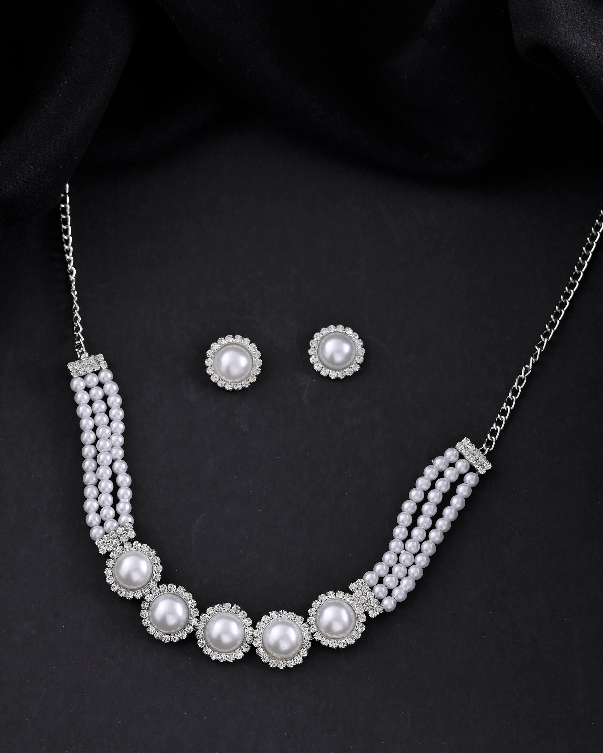 VOJ Silver Plated White Pearl And CZ Stone Choker Set VOJ (Valley Of Jewellery)