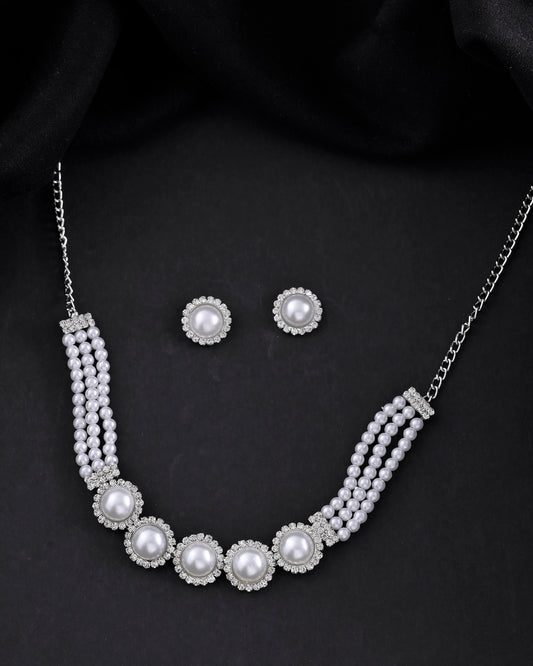 VOJ Silver Plated White Pearl And CZ Stone Choker Set VOJ (Valley Of Jewellery)