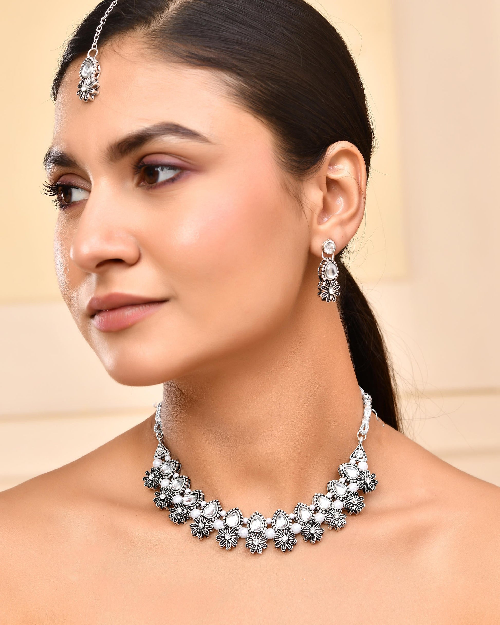 VOJ Oxidized Floral Designed Stone Studded Necklace Set VOJ (Valley Of Jewellery)