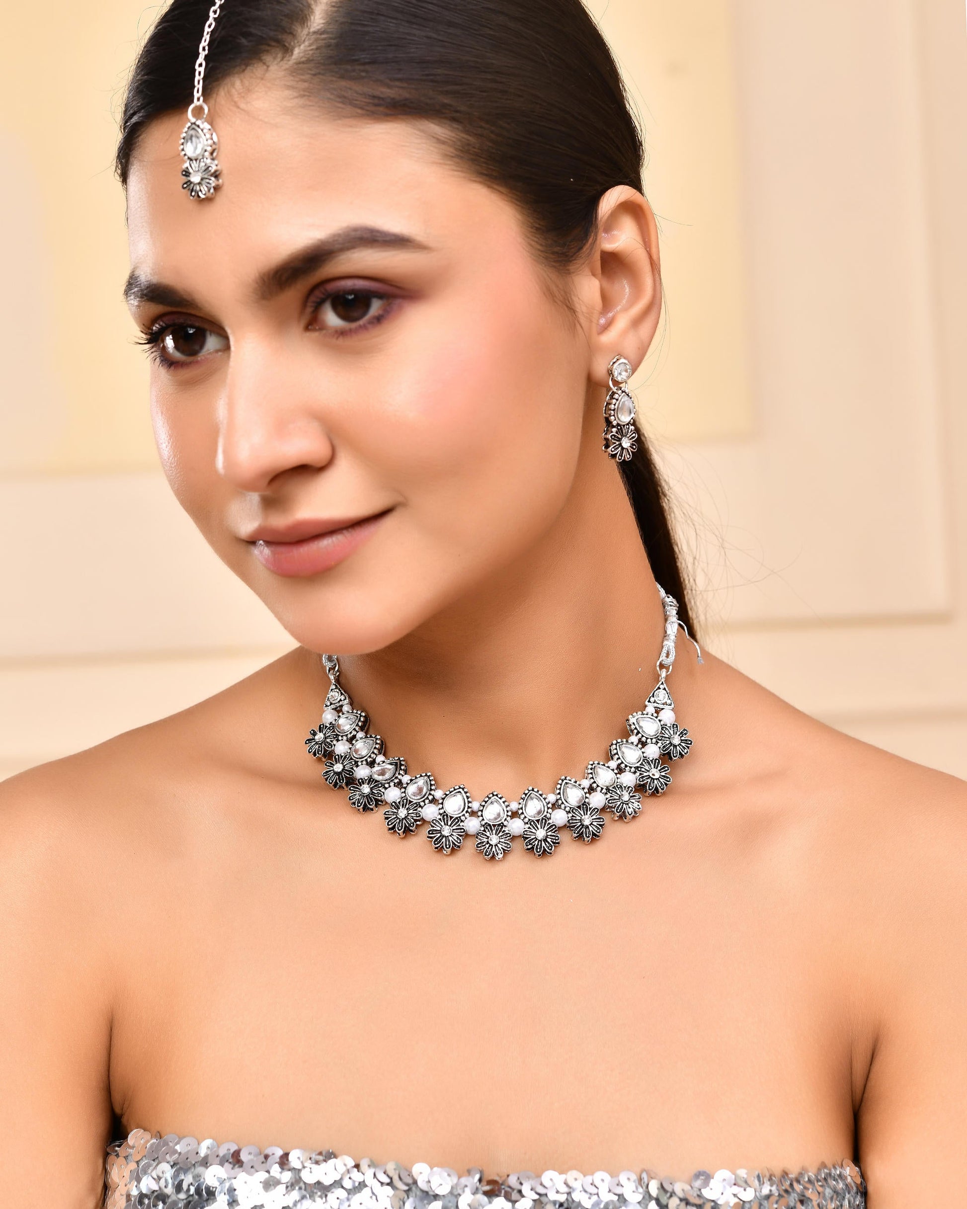 VOJ Oxidized Floral Designed Stone Studded Necklace Set VOJ (Valley Of Jewellery)