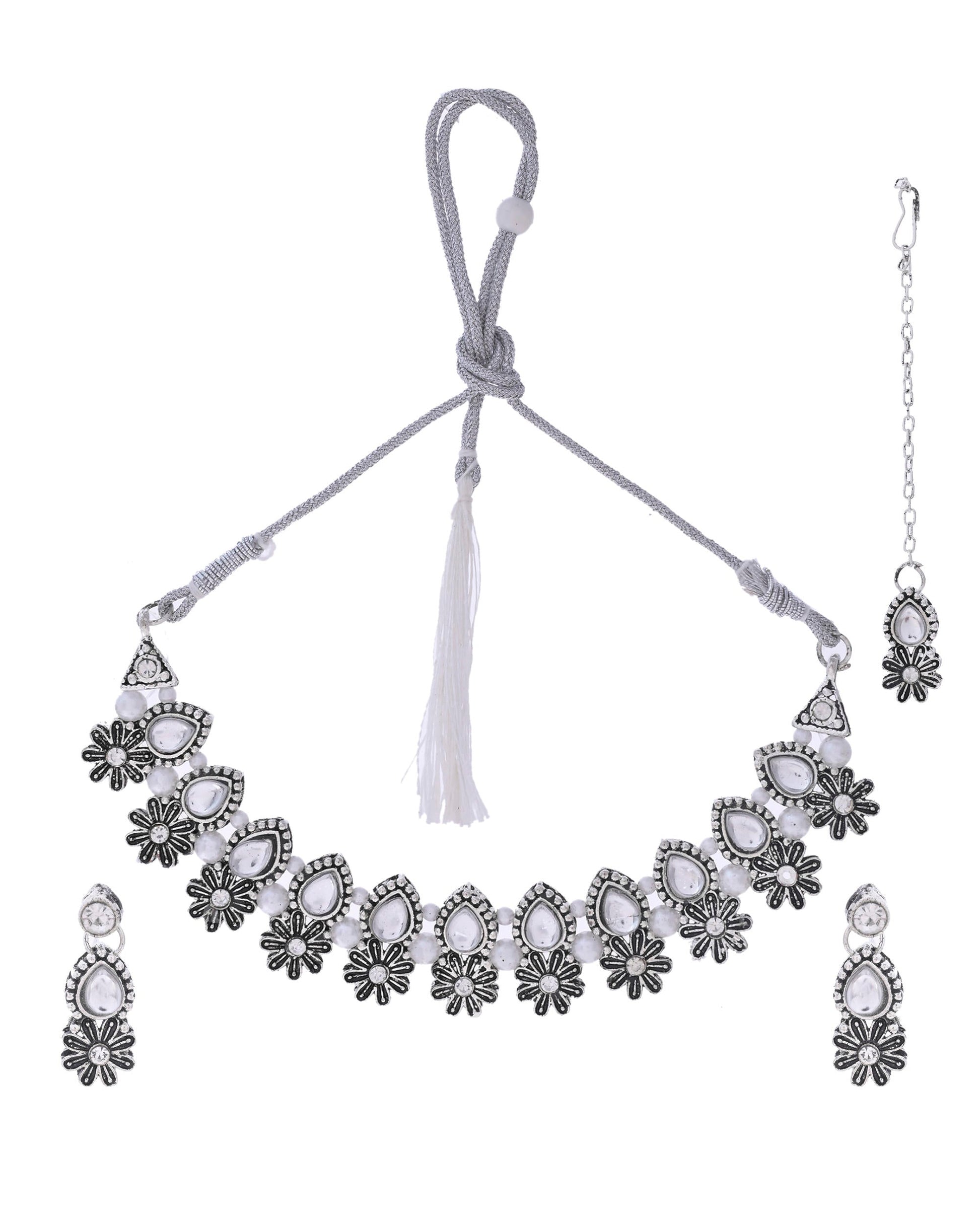 VOJ Oxidized Floral Designed Stone Studded Necklace Set VOJ (Valley Of Jewellery)