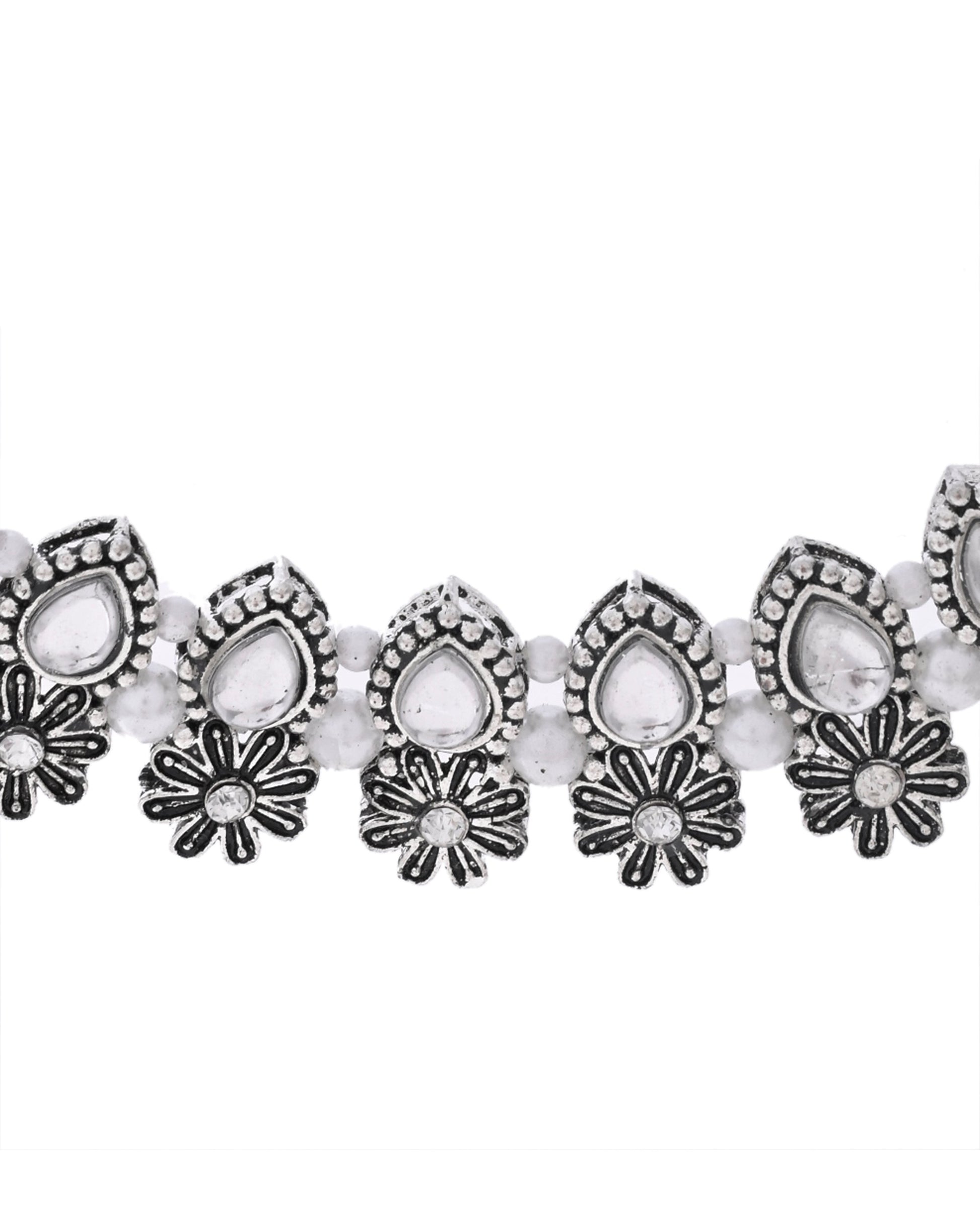 VOJ Oxidized Floral Designed Stone Studded Necklace Set VOJ (Valley Of Jewellery)