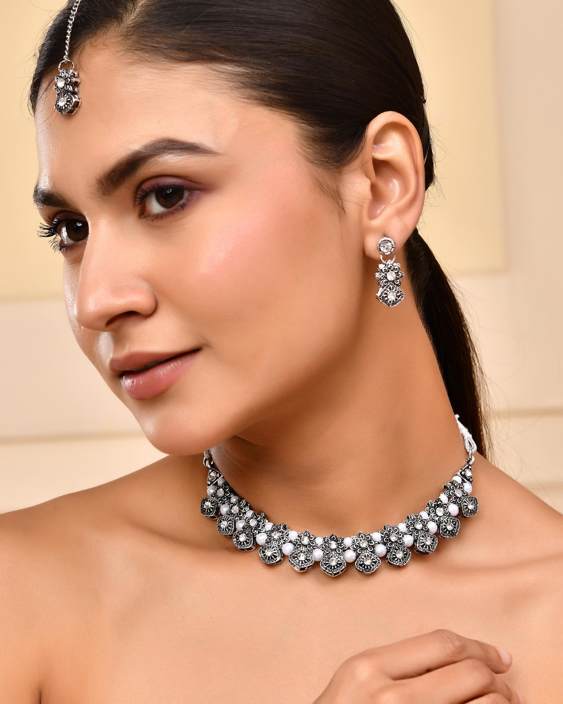 VOJ Oxidized Designer Stone Studded Jewellery Set VOJ (Valley Of Jewellery)